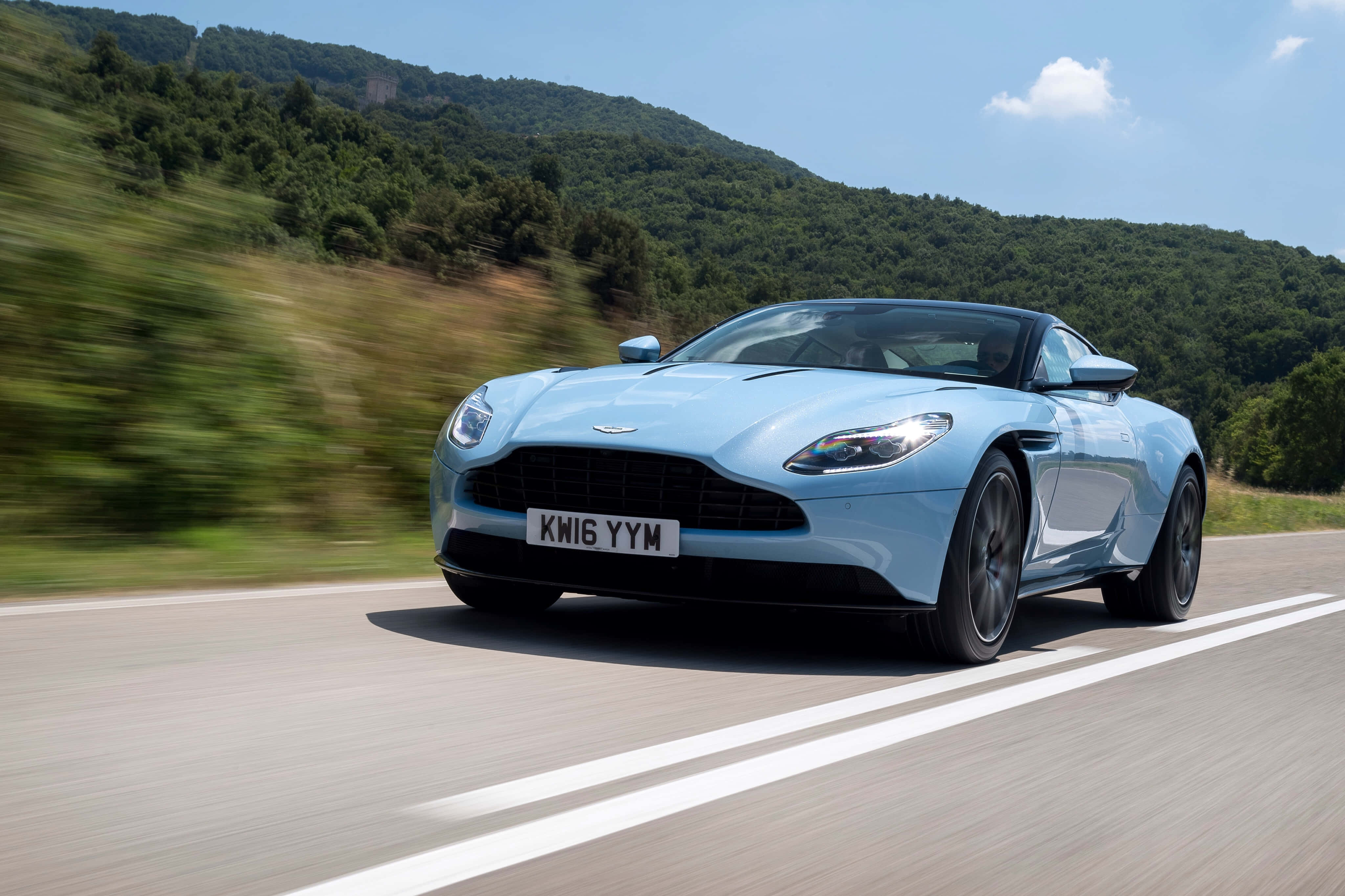 Aston Martin DB11, light blue, winding road, 4K Desktop Wallpaper