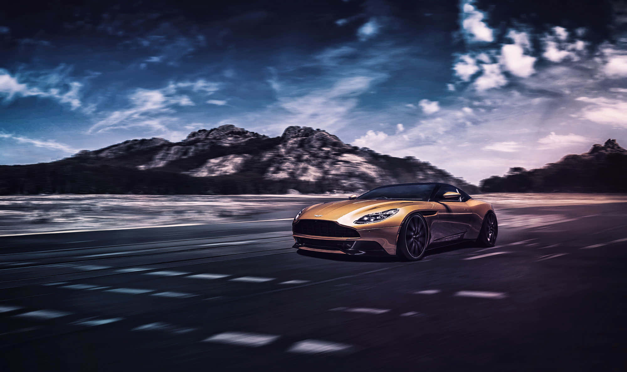 Aston Martin DB11, golden sports car, dark road, Full HD Desktop Wallpaper