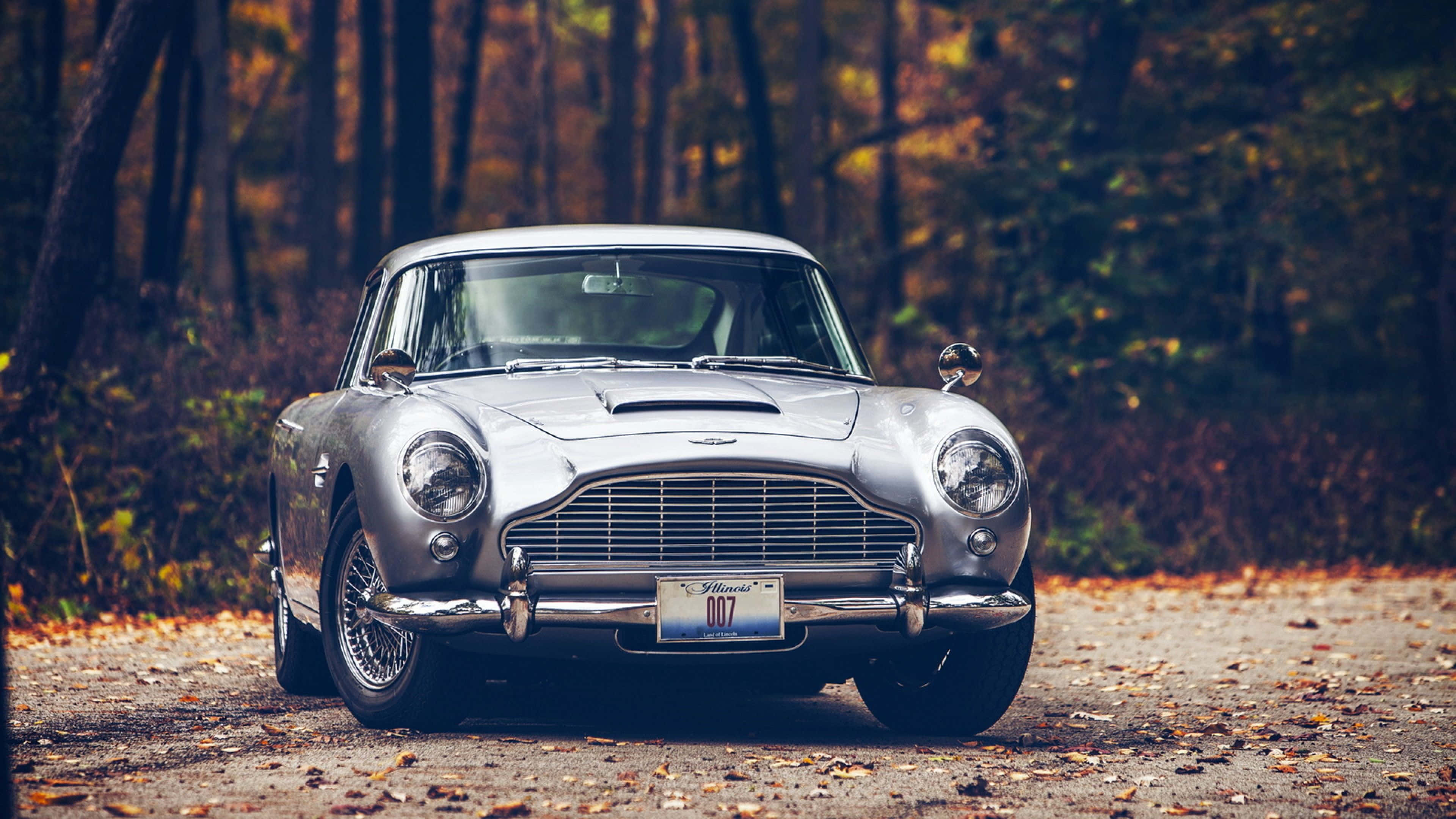 Aston Martin DB5, silver, forest road, 4K Desktop Wallpaper
