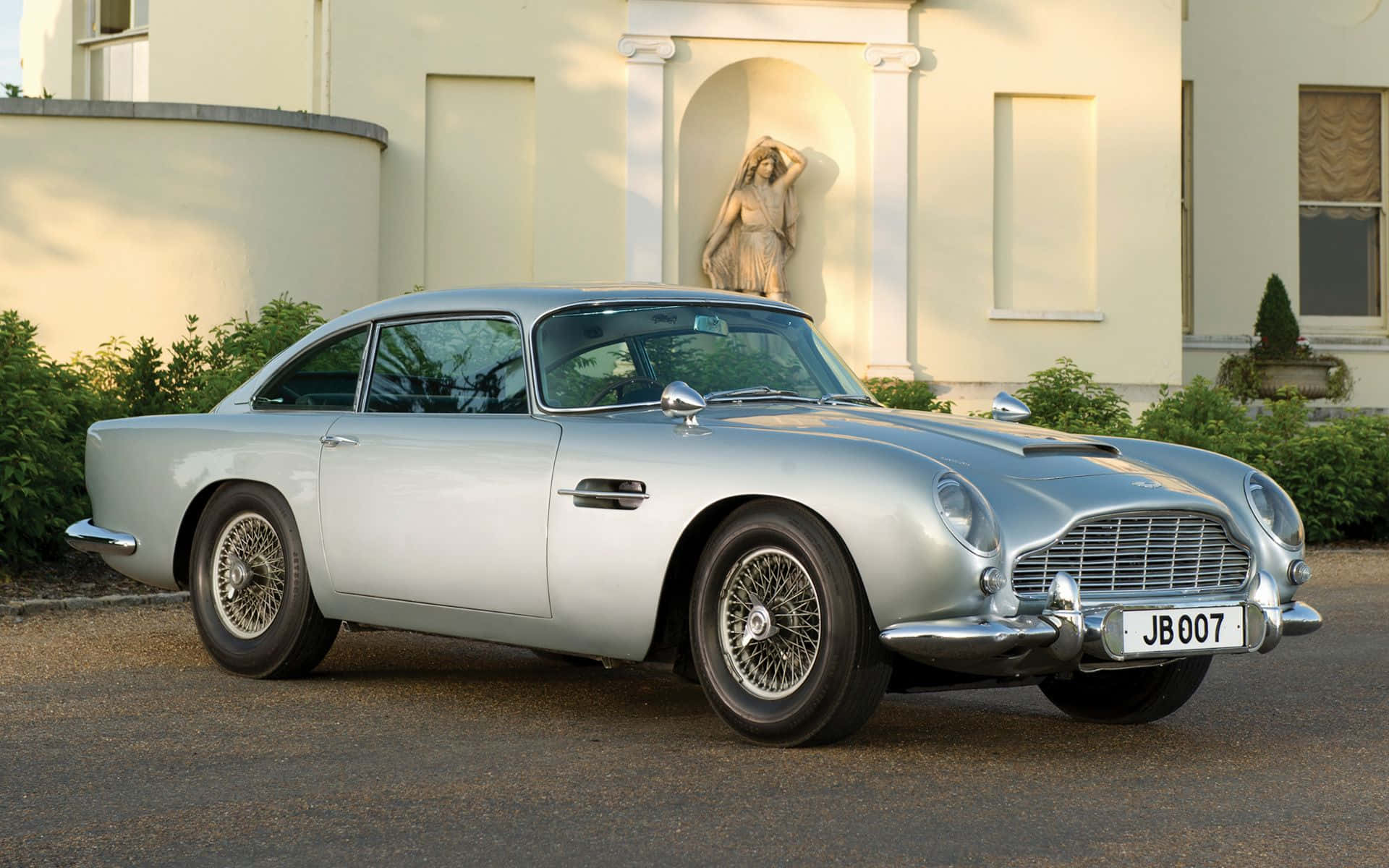 Aston Martin DB5, silver, cream mansion, Full HD Desktop Wallpaper