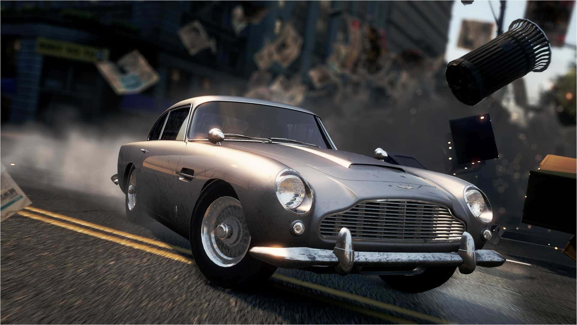 Aston Martin DB5, silver, chaotic urban street, Full HD Desktop Wallpaper
