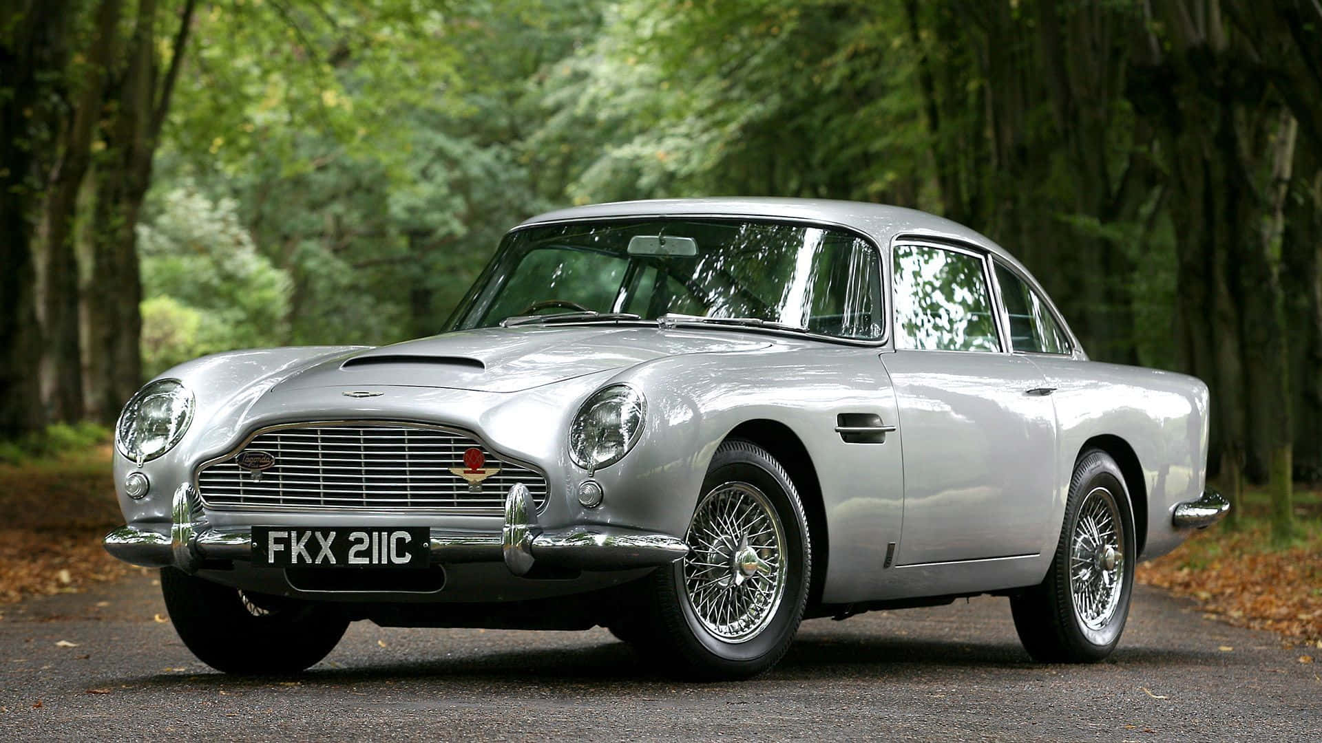 Aston Martin DB5, silver, forest-lined road, Full HD Desktop Wallpaper