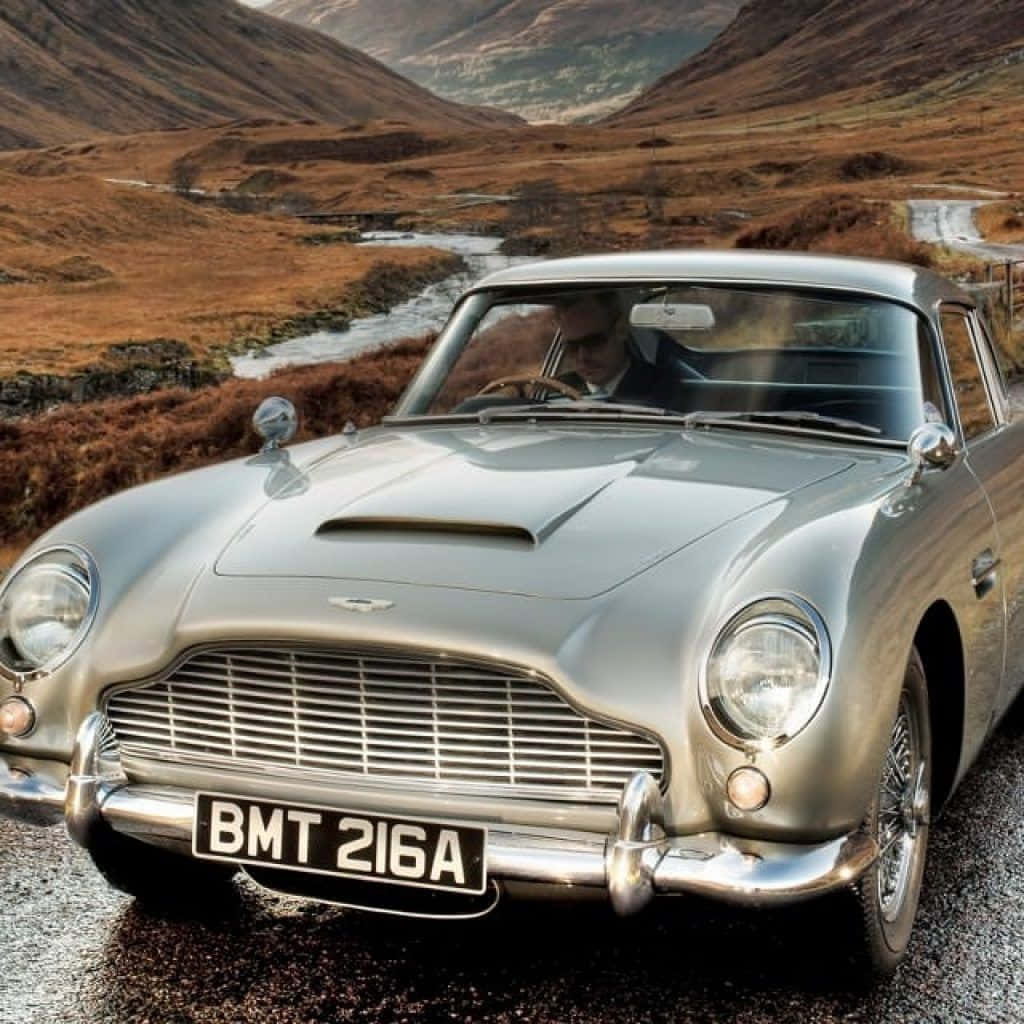 Aston Martin DB5, silver, wet mountain road, SD Desktop Wallpaper
