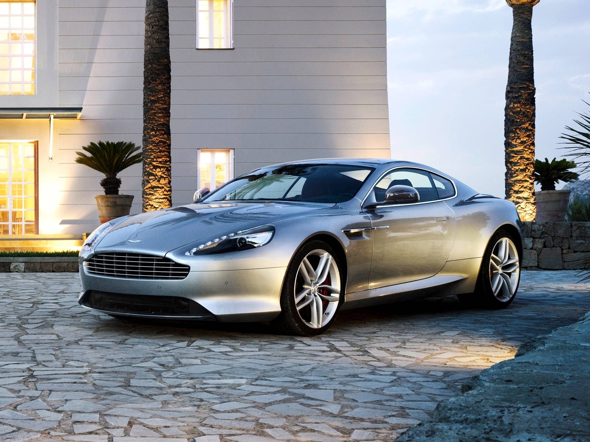 Aston Martin DB9, silver, stone driveway, Full HD Desktop Wallpaper