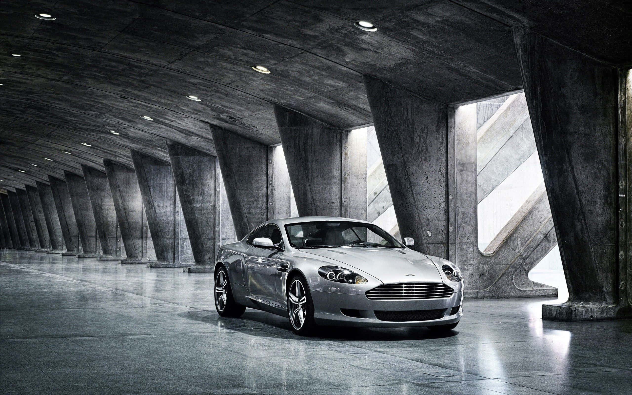 Aston Martin Db9, silver, concrete vaulted garage, 2K Desktop Wallpaper