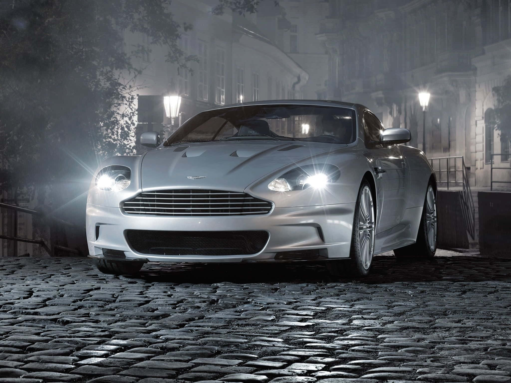 Aston Martin DB9, silver, streetlights, Full HD Desktop Wallpaper
