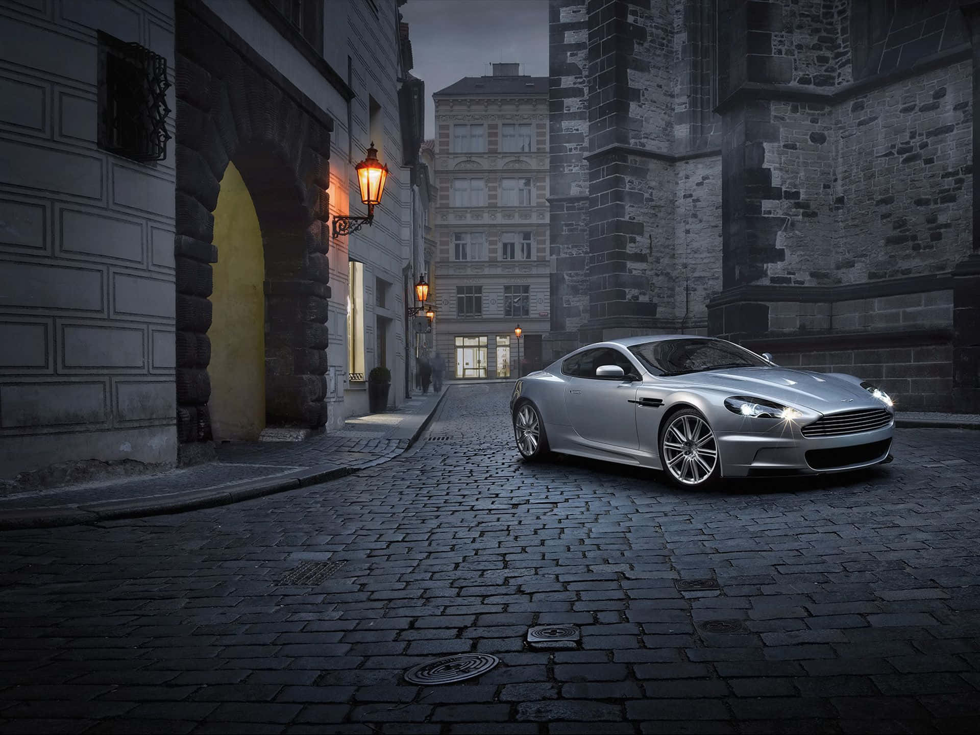 Aston Martin DB9, silver, cobblestone alleyway, Full HD Desktop Wallpaper