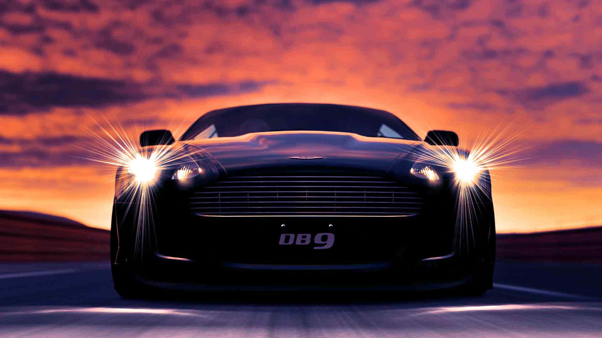 Aston Martin DB9, black, glowing headlights, Full HD Desktop Wallpaper