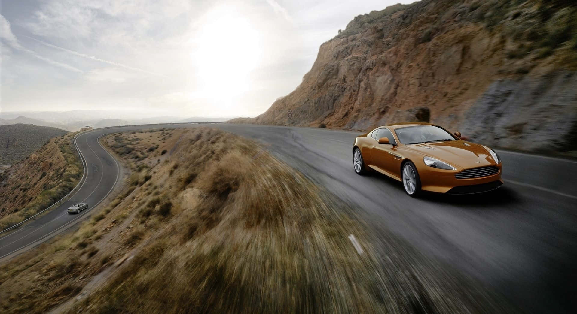 Aston Martin DB9, golden sports car, winding mountain road, Full HD Desktop Wallpaper