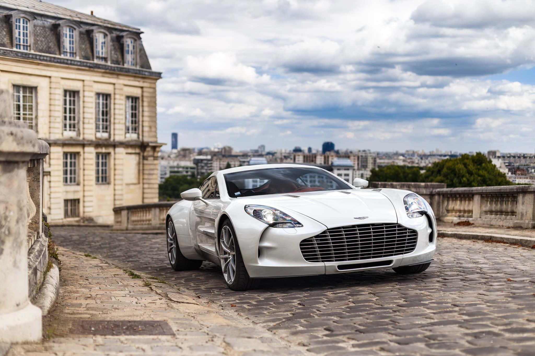 Aston Martin One-77, white, cobblestone rooftop, Full HD Desktop Wallpaper