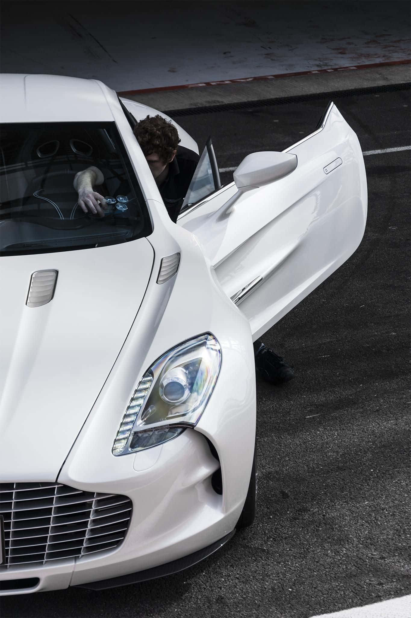 Aston Martin One-77, gull-wing doors, white sports car, Full HD Phone Wallpaper