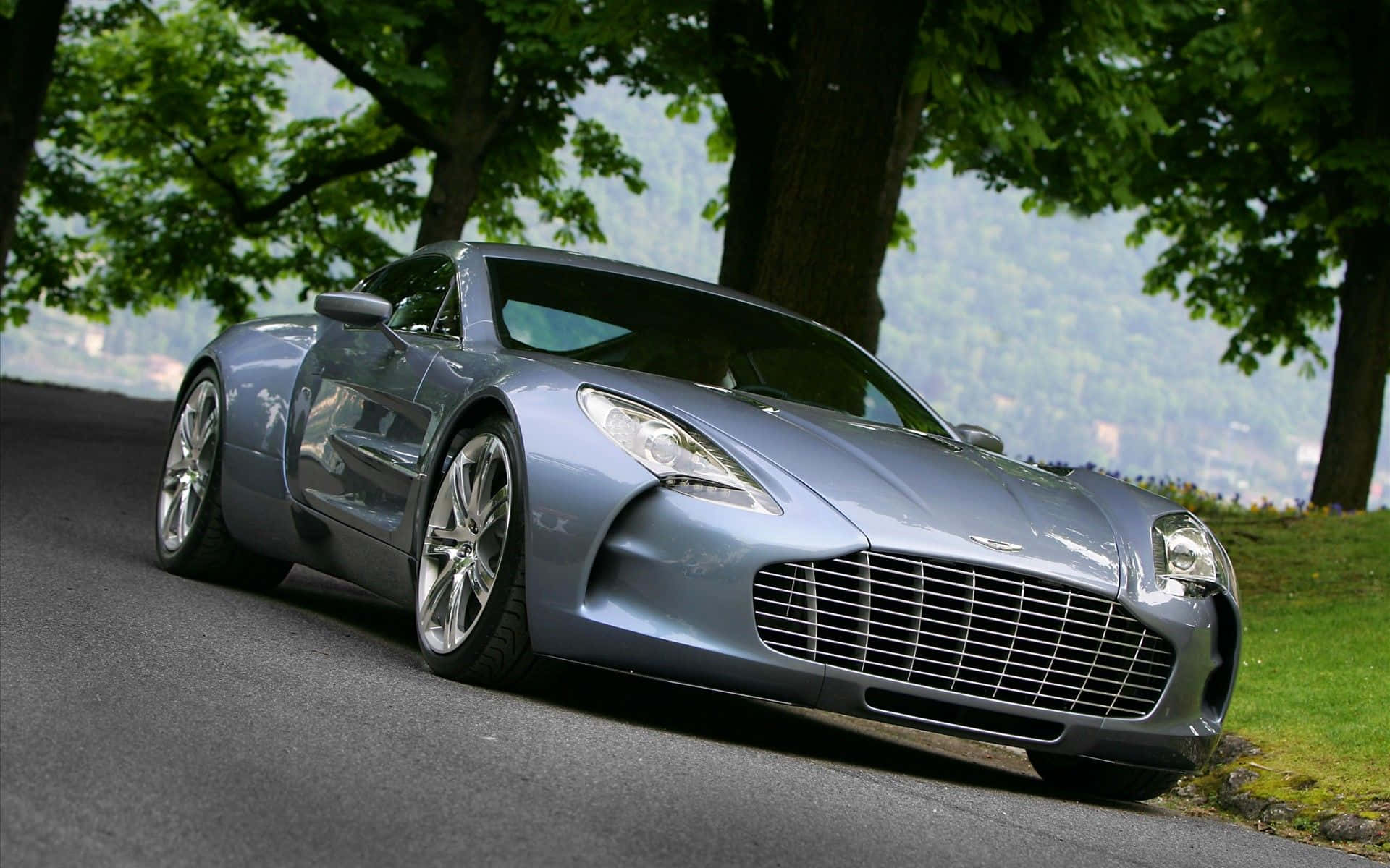 Aston Martin One-77, sleek silver, tree-lined road, Full HD Desktop Wallpaper