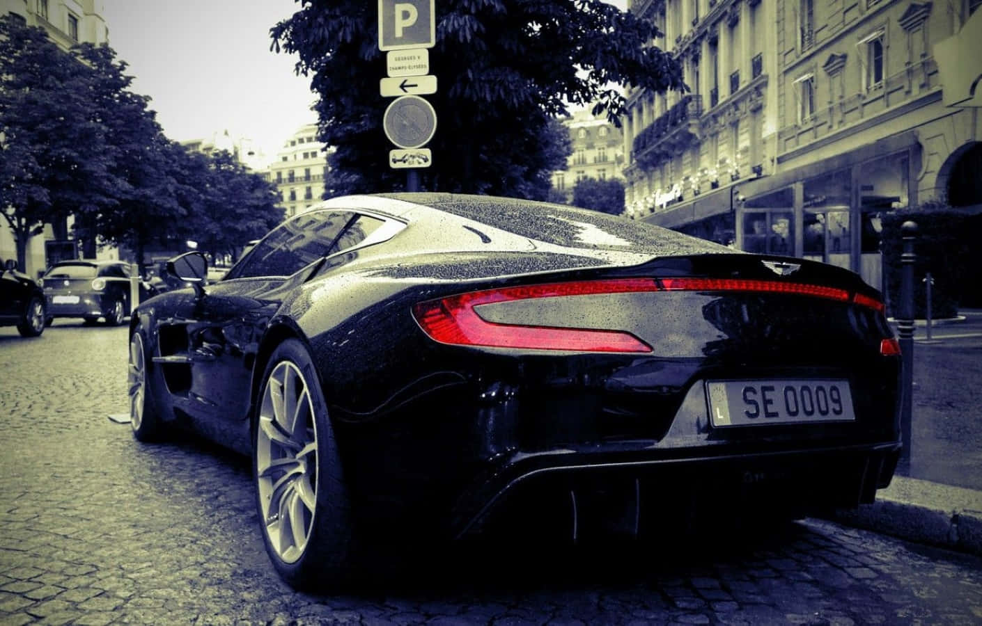 Aston Martin One-77, black, wet cobblestone street, HD Desktop Wallpaper
