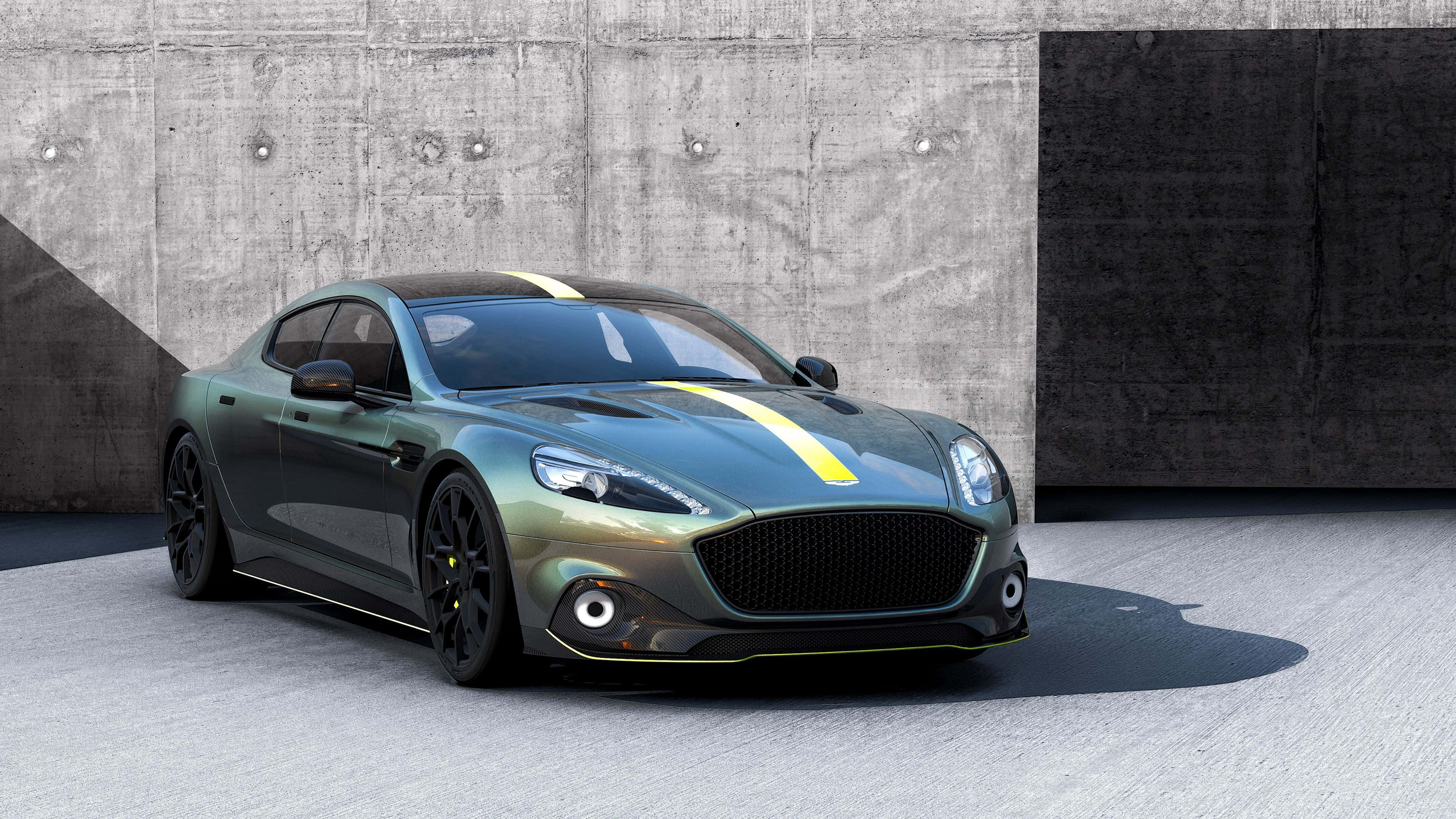 Aston Martin Rapide S, green, yellow racing stripes, 4K Desktop Wallpaper