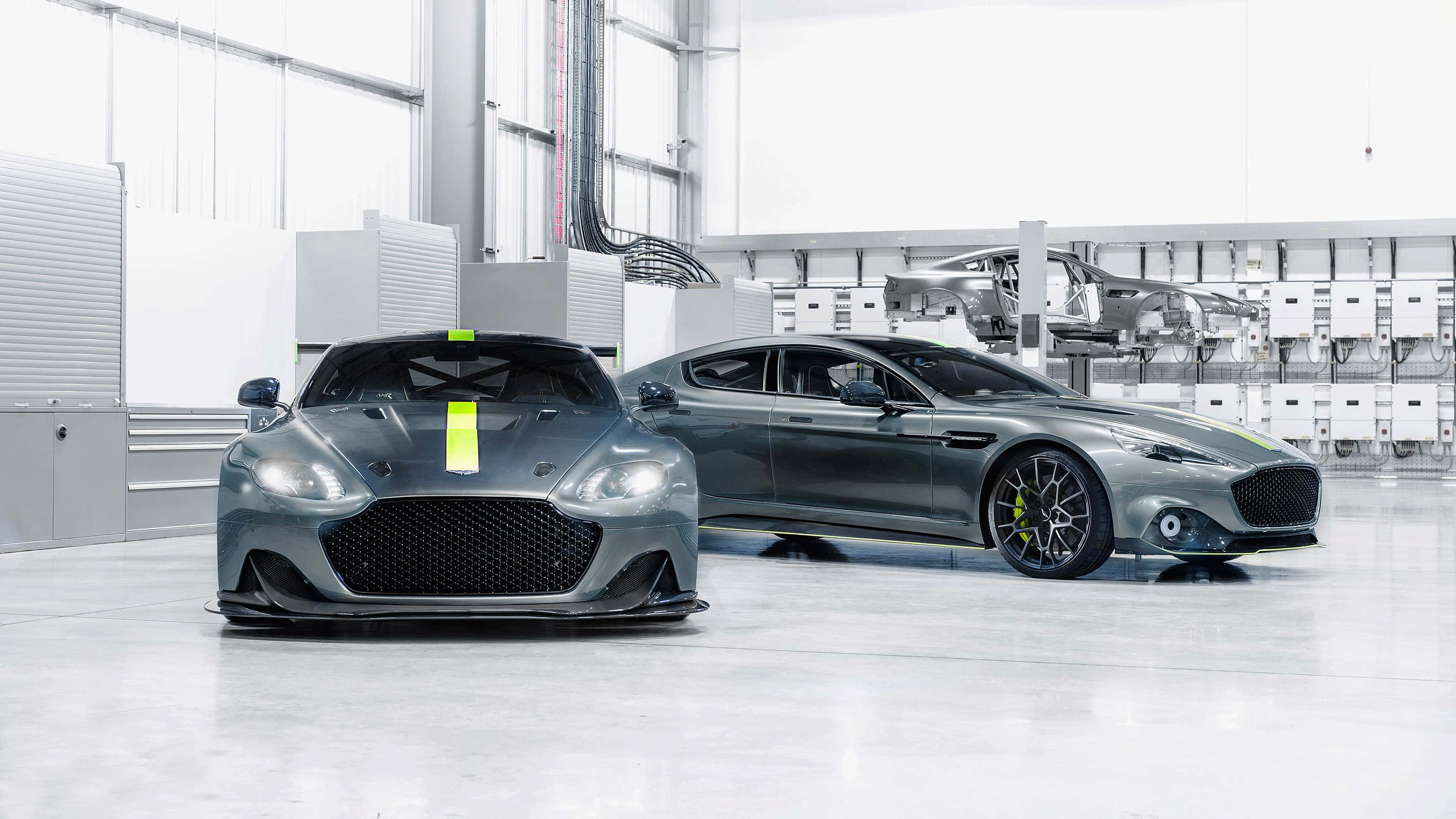Aston Martin Rapide S, neon yellow accents, sleek gray, 2K Desktop Wallpaper