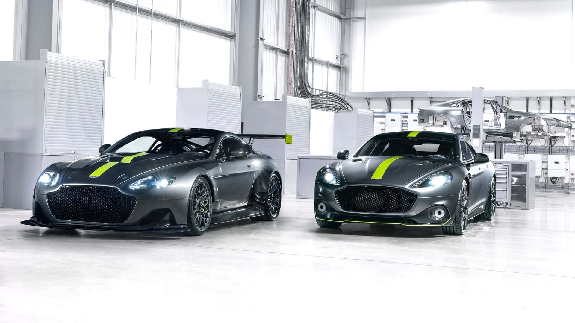 Aston Martin Rapide S, neon green stripes, minimalist industrial garage, Full HD Desktop Wallpaper