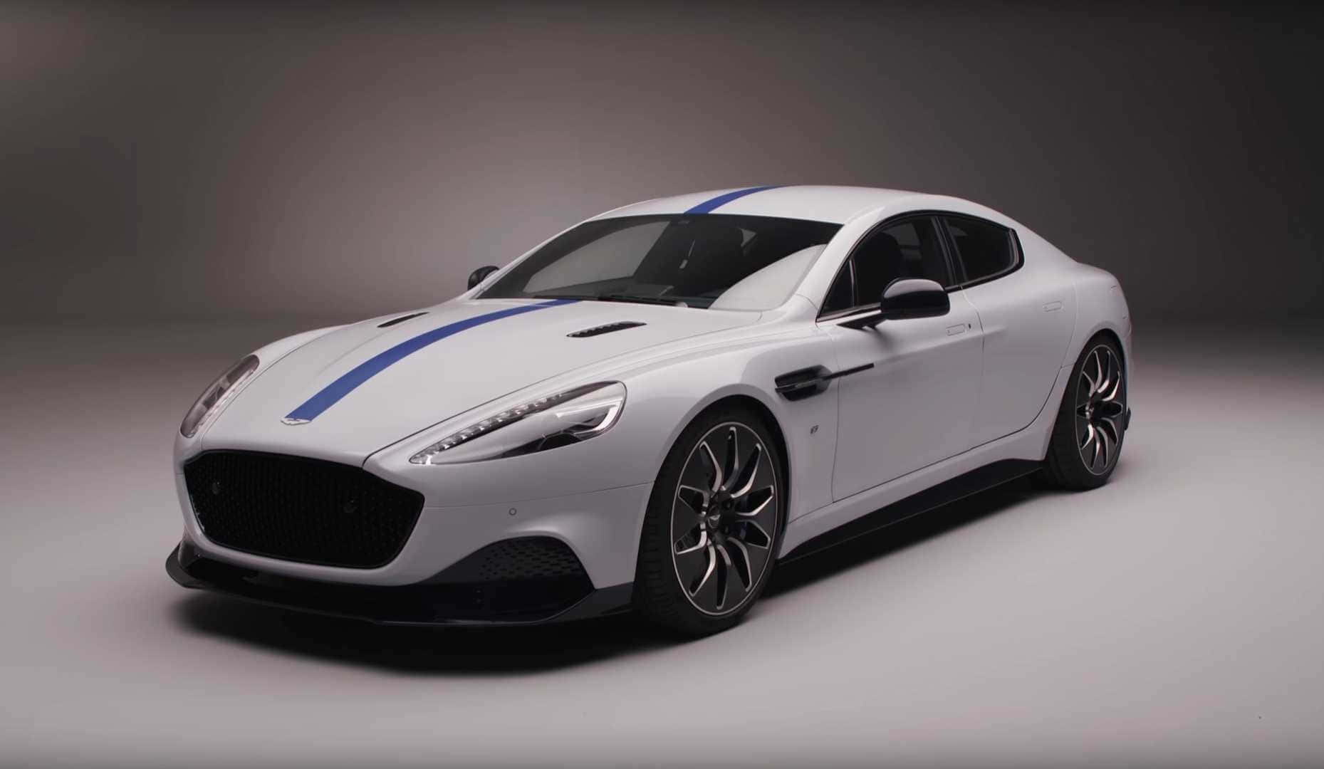 Aston Martin Rapide S, white, bold blue racing stripes, HD Desktop Wallpaper
