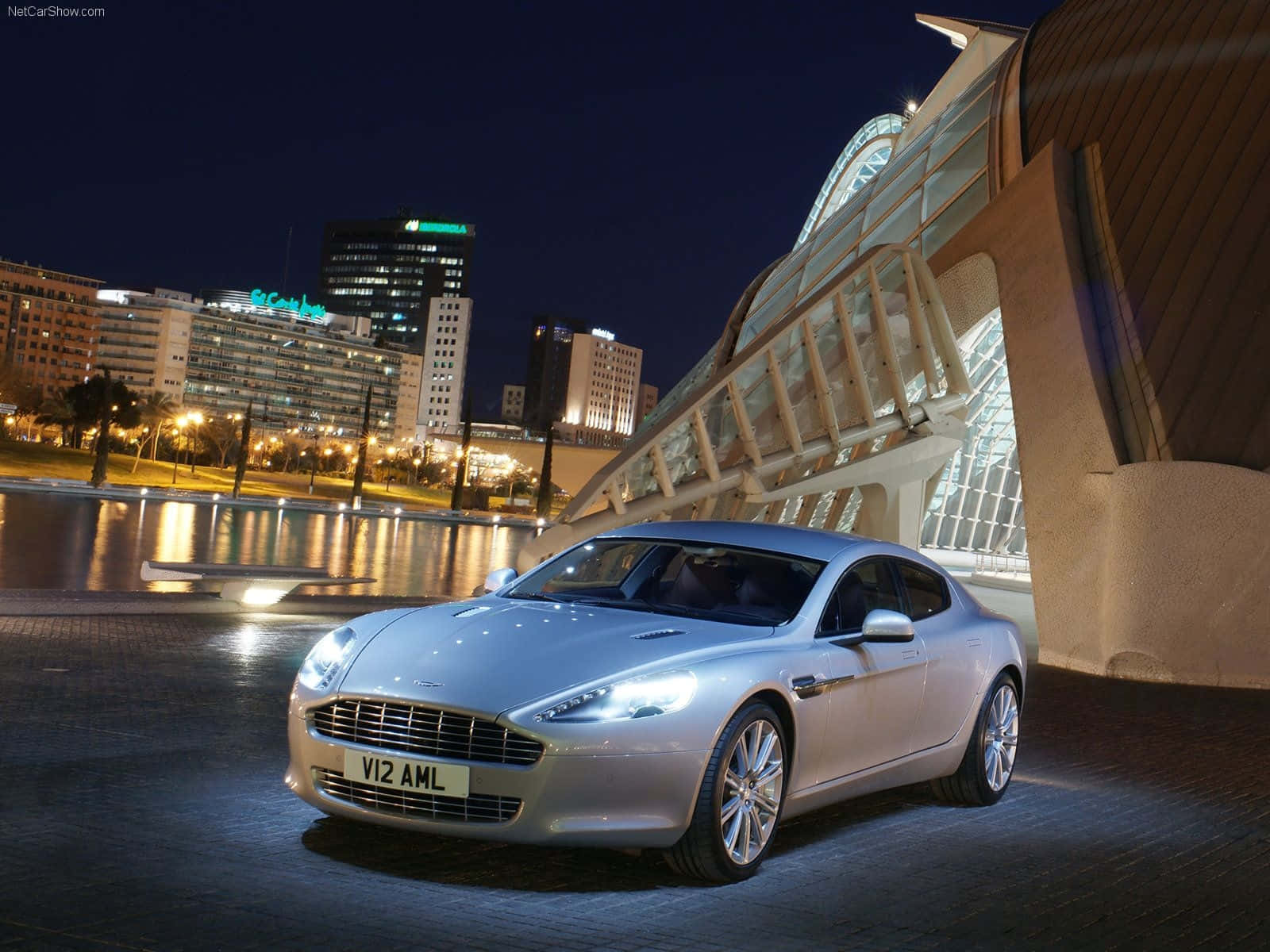 Aston Martin Rapide S, silver, night lights, HD Desktop Wallpaper