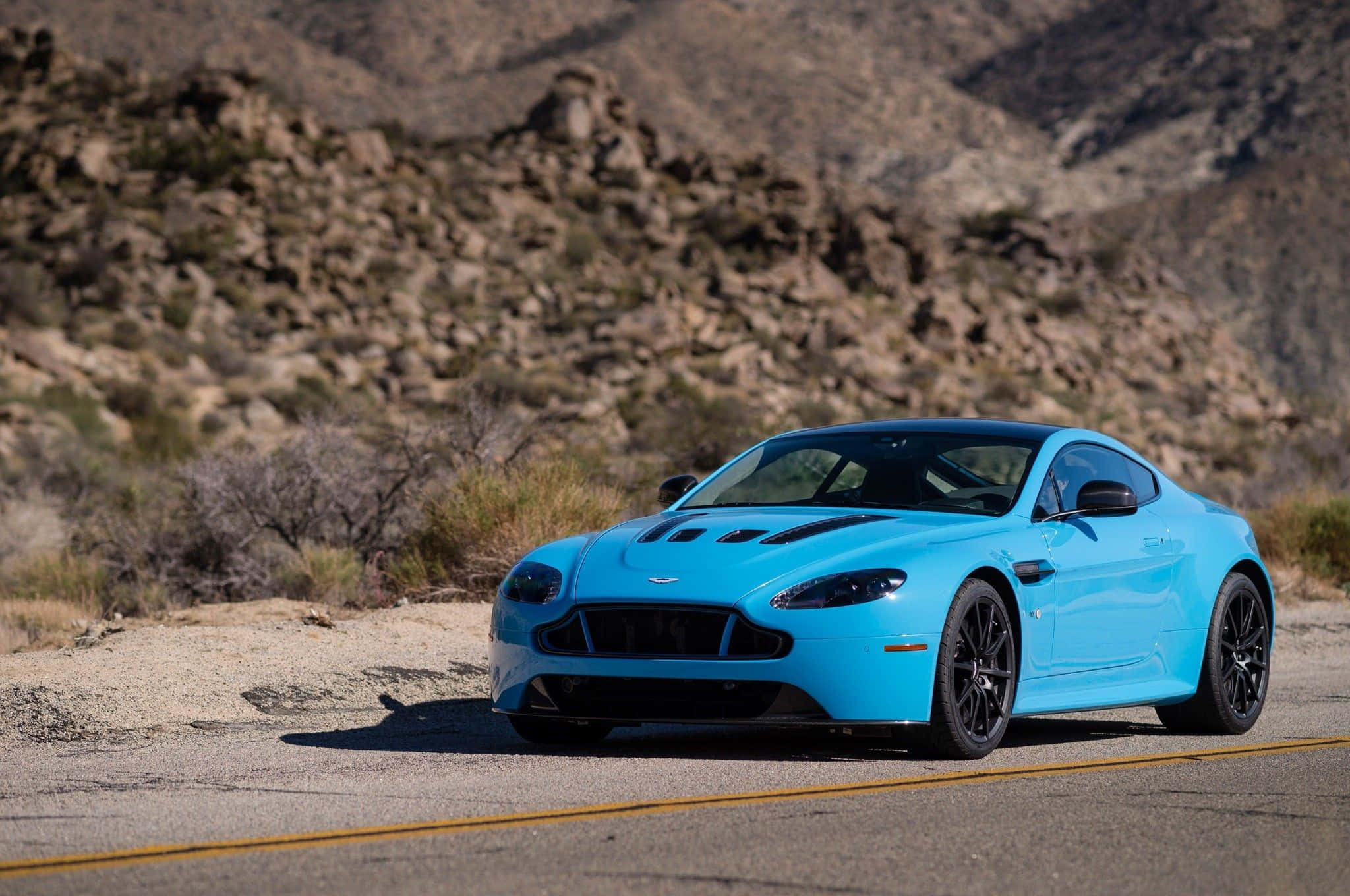 Aston Martin V12 Vantage, vibrant blue, desert road, Full HD Desktop Wallpaper
