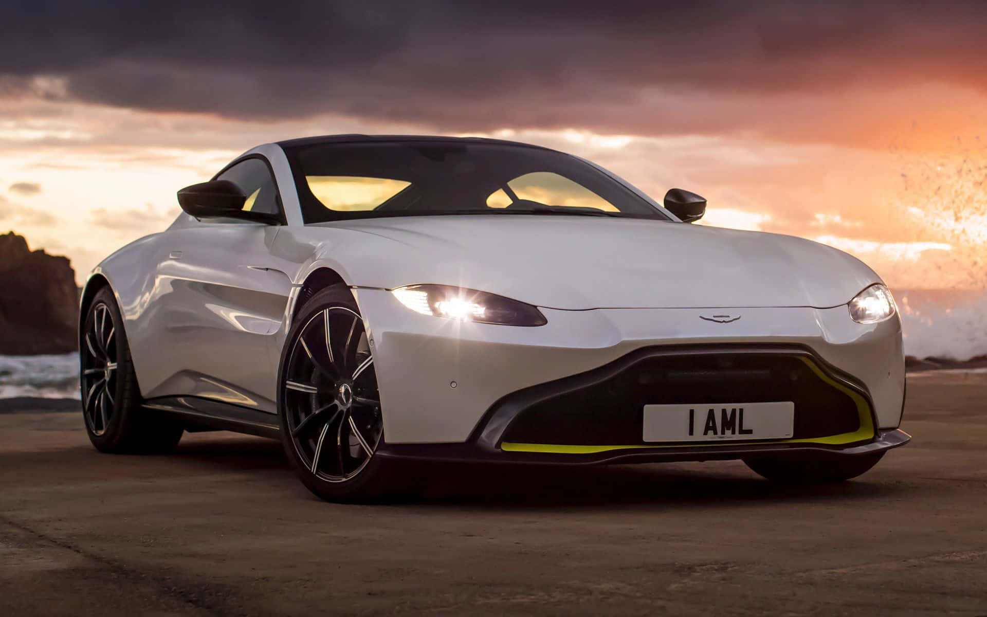 Aston Martin V12 Vantage, white, sunset sky, Full HD Desktop Wallpaper