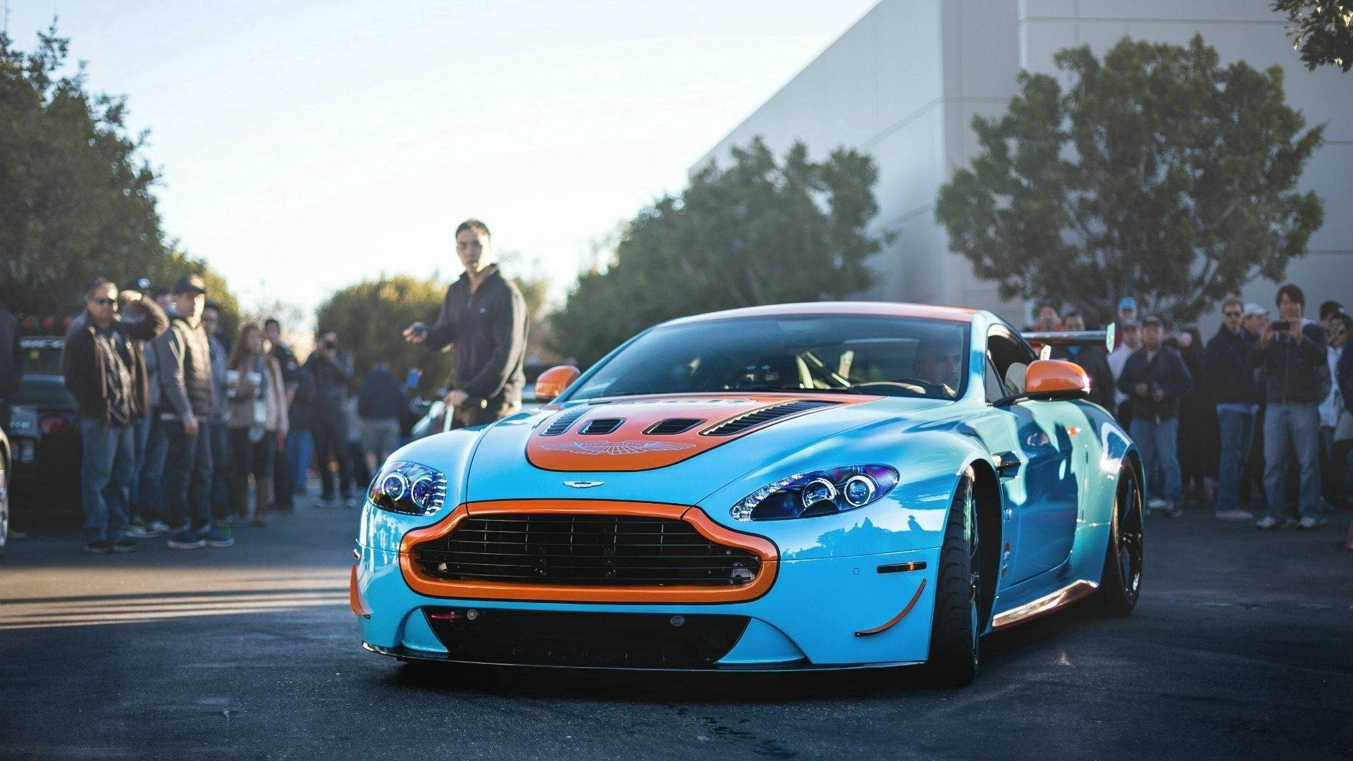 Aston Martin V12 Vantage, vibrant blue, orange, Full HD Desktop Wallpaper