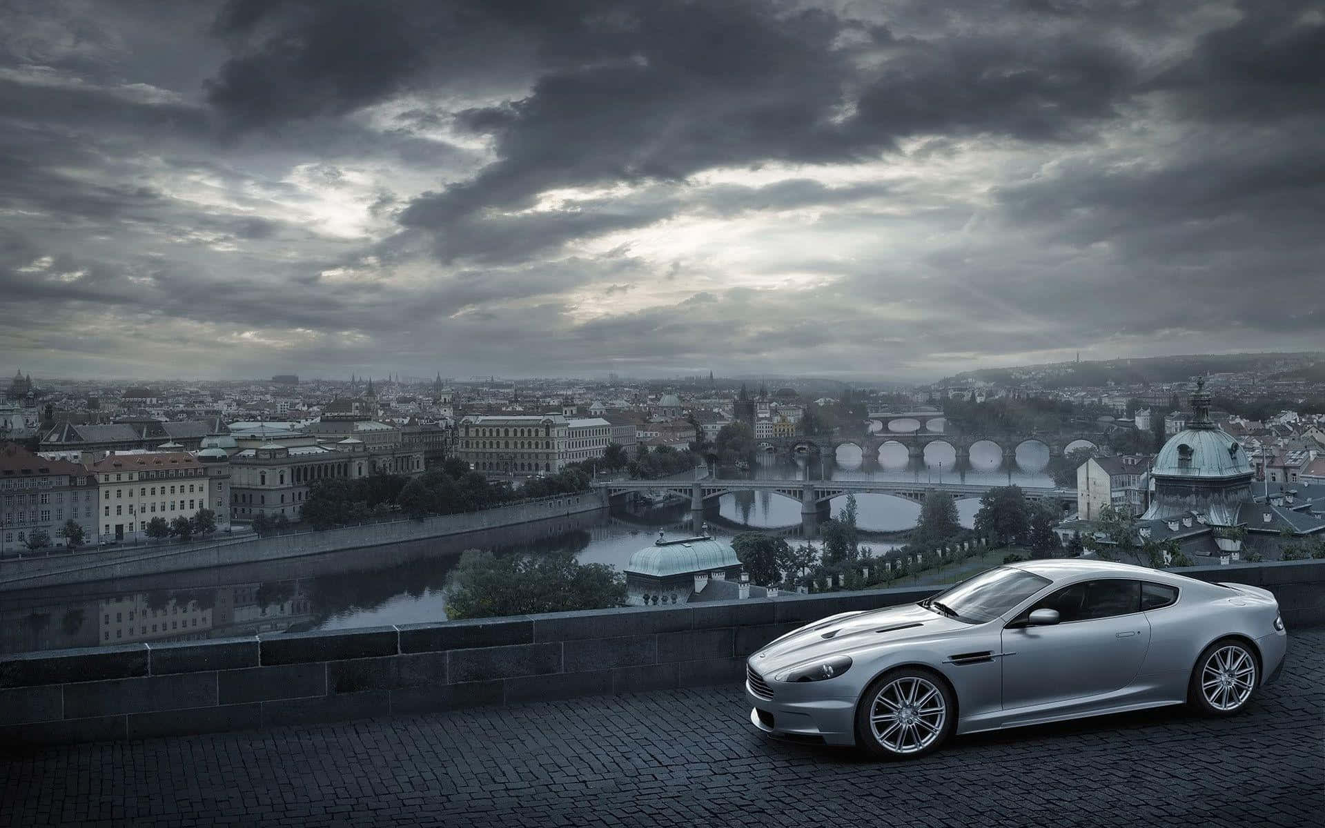 Aston Martin V12 Vantage, silver, cobblestone overlook, Full HD Desktop Wallpaper
