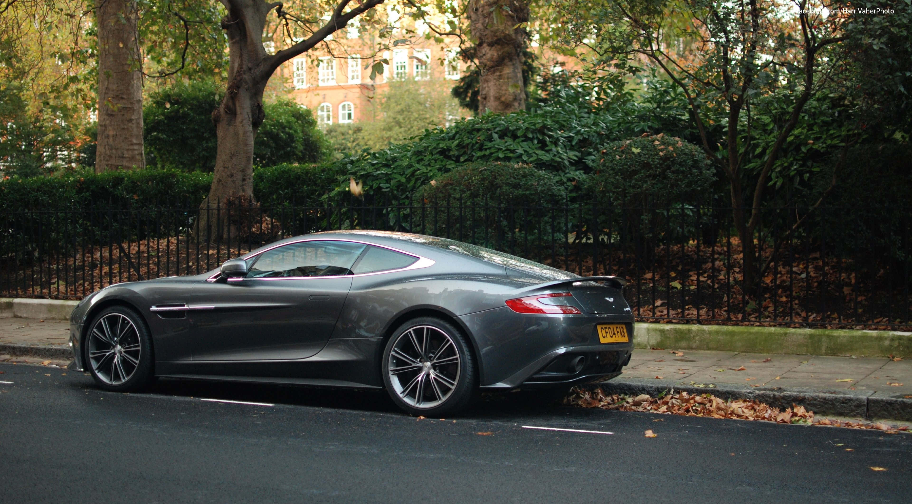 Aston Martin Vanquish, matte gray, tree-lined autumn street, 4K Desktop Wallpaper