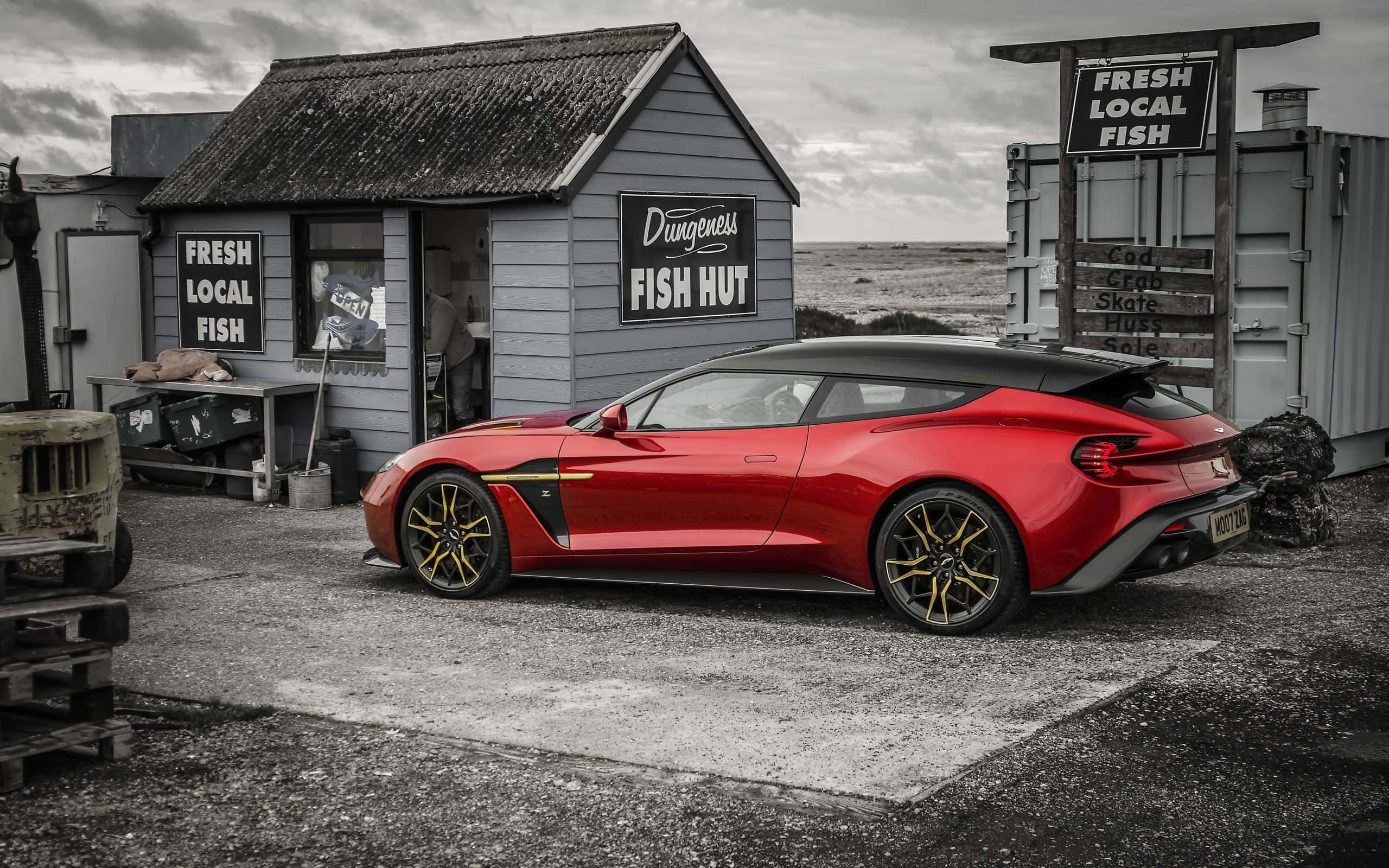 Aston Martin Vanquish S, vibrant red, rustic fish hut, 2K Desktop Wallpaper
