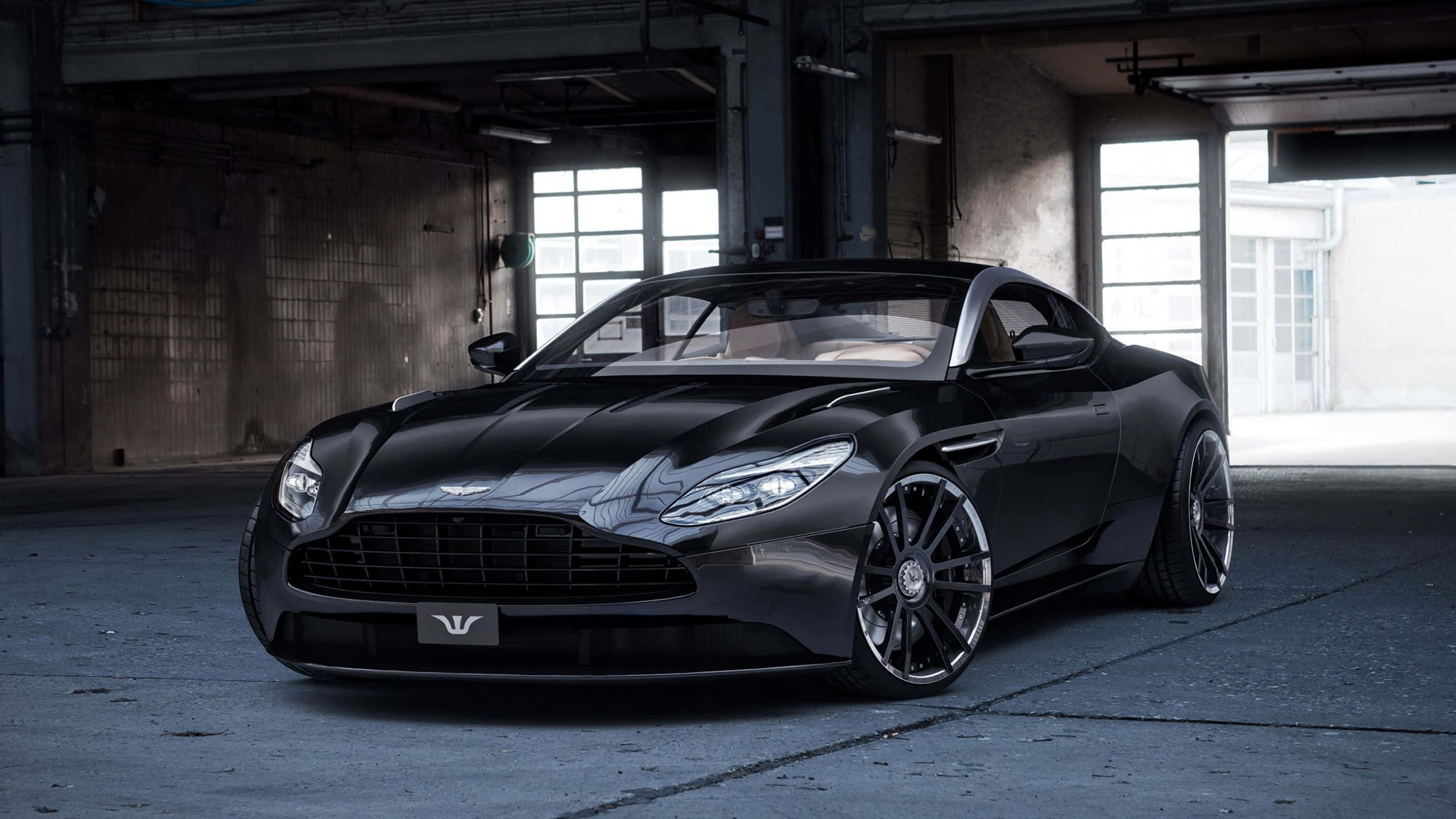 Aston Martin Vanquish, black, industrial lighting, 2K Desktop Wallpaper