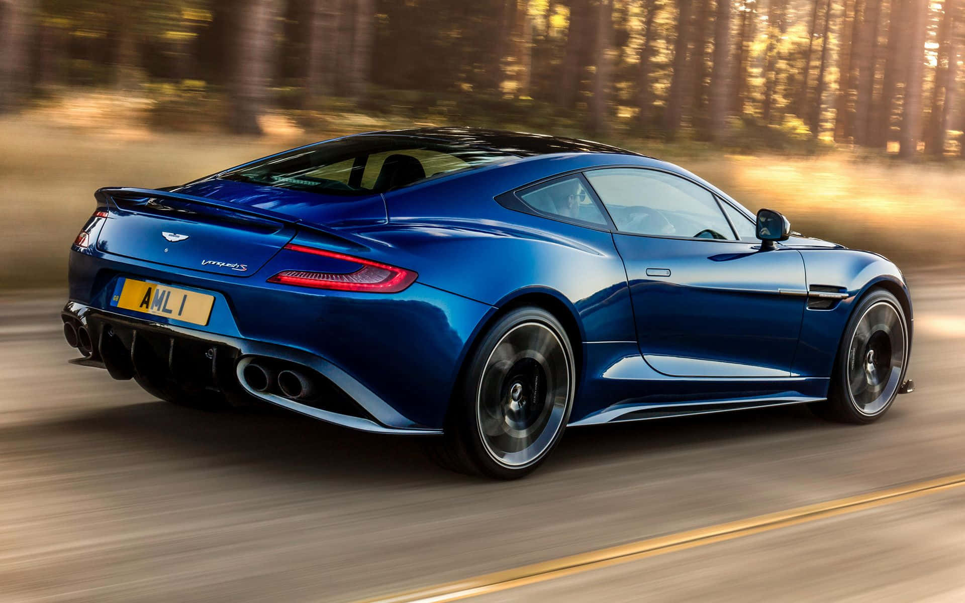 Aston Martin Vanquish, blue, sunlit forest, Full HD Desktop Wallpaper