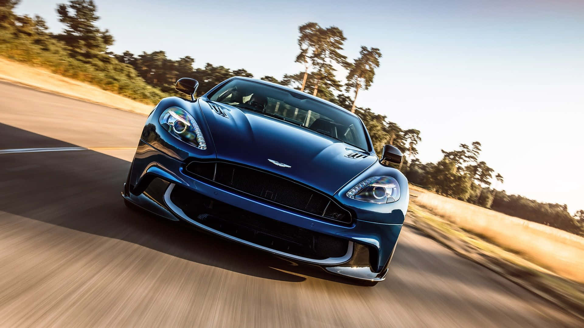 Aston Martin Vanquish, blue, sunlit rural road, Full HD Desktop Wallpaper
