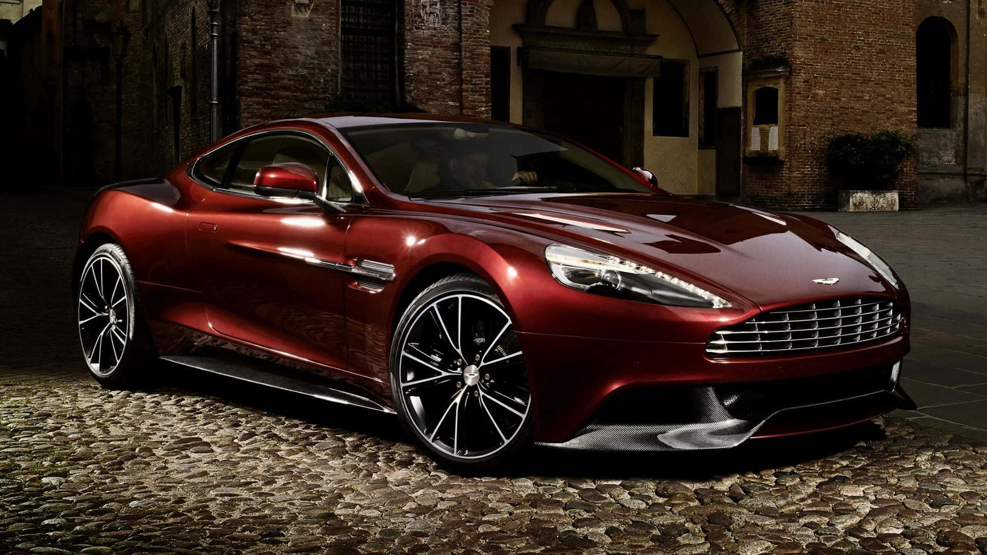 Aston Martin Vanquish, glossy red, cobblestone street, Full HD Desktop Wallpaper