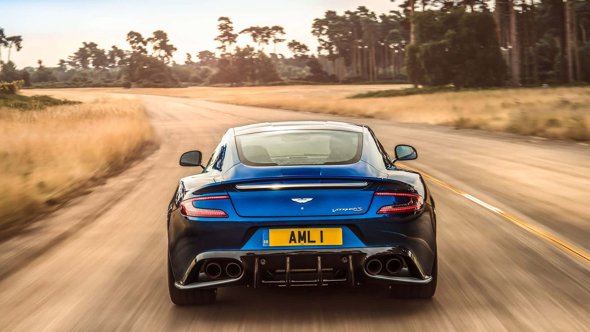 Aston Martin Vanquish, blue, sunlit country road, Full HD Desktop Wallpaper