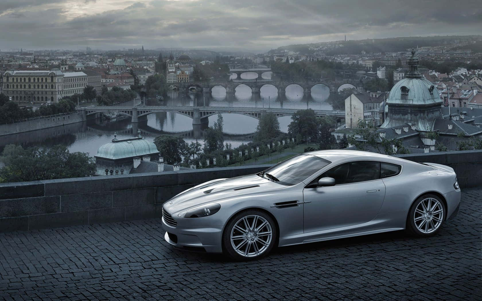 Aston Martin Vanquish, silver, cobblestone overlook, HD Desktop Wallpaper