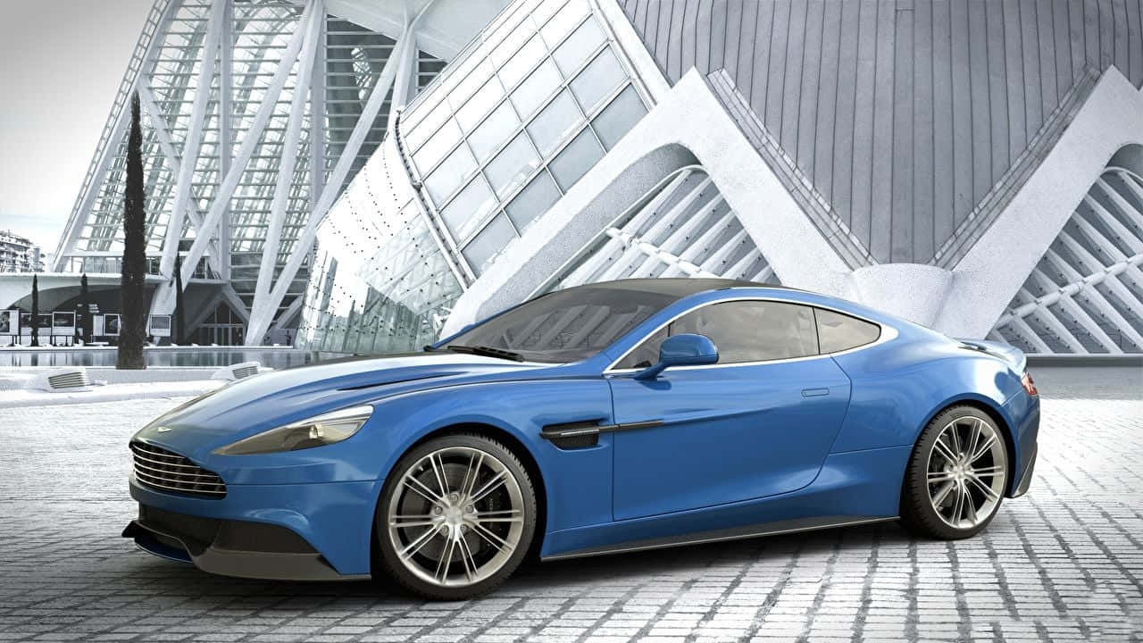 Aston Martin Vanquish, blue, cobblestone plaza, HD Desktop Wallpaper