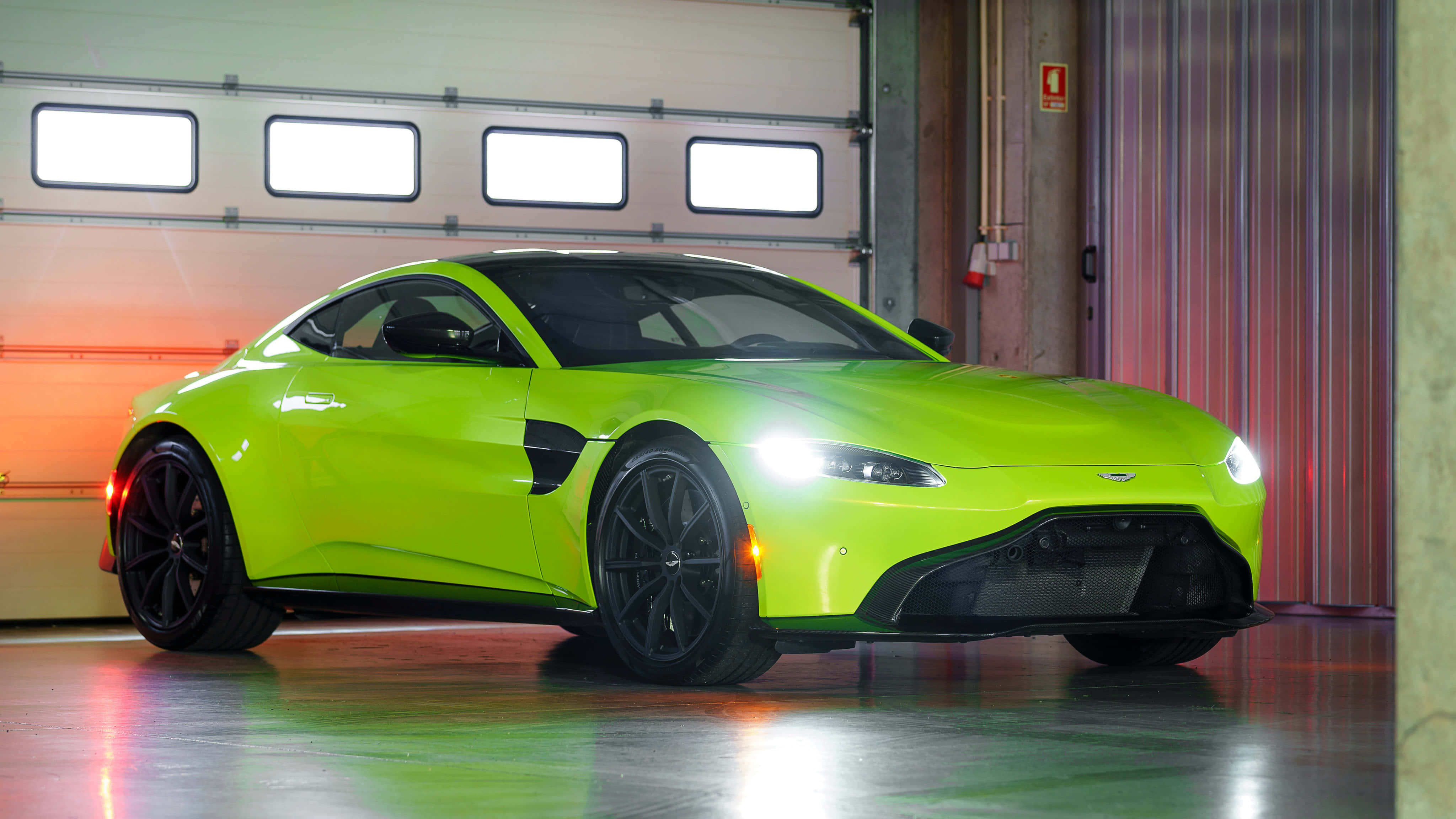 Aston Martin Vantage, lime green, garage lights, 4K Desktop Wallpaper