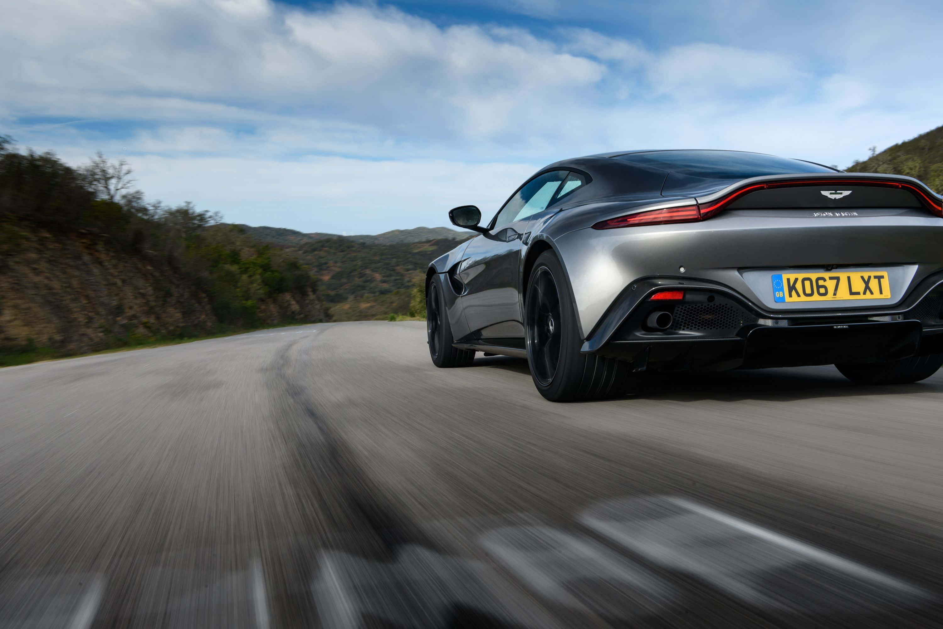 Aston Martin Vantage, silver, mountain road, 2K Desktop Wallpaper