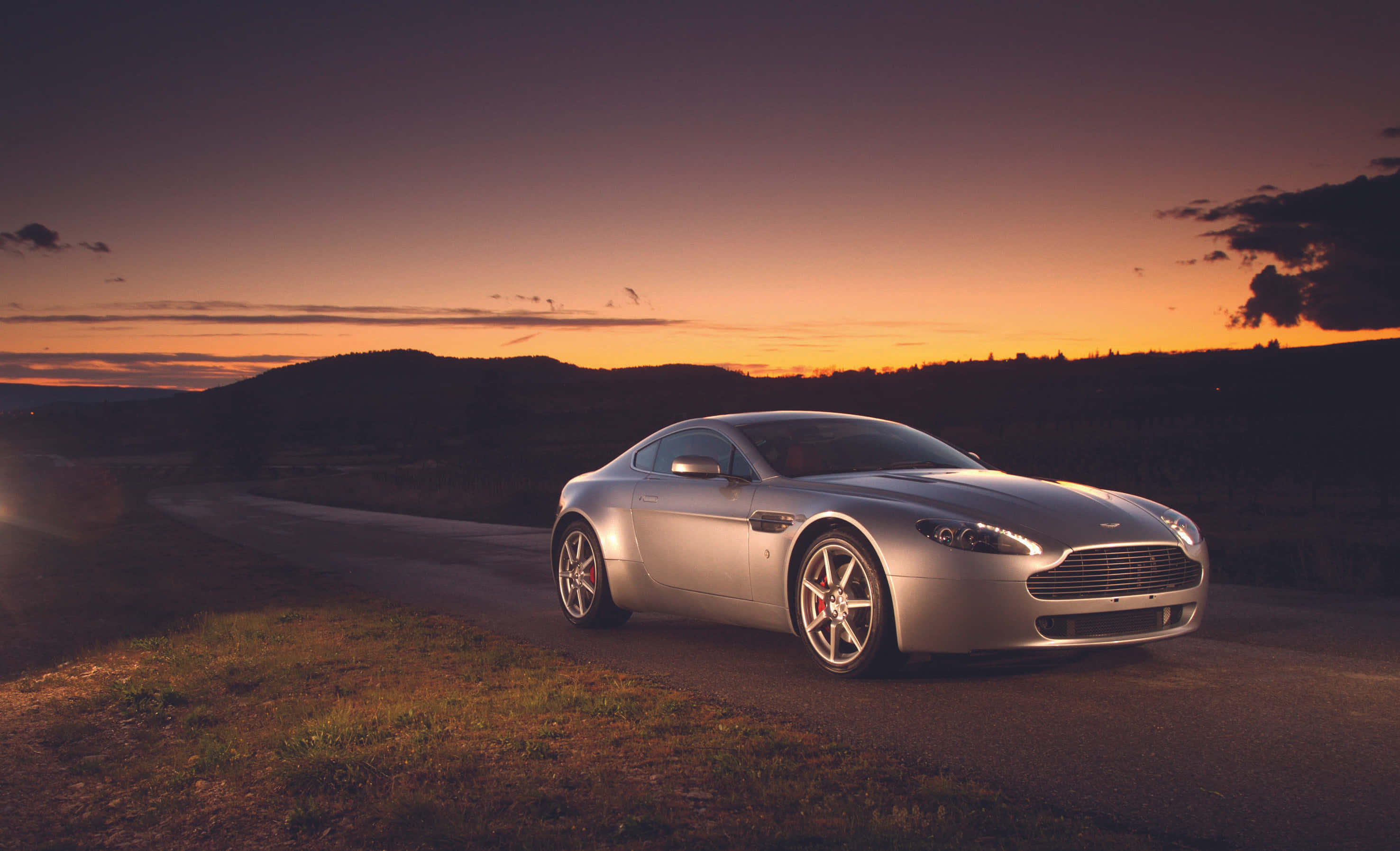 Aston Martin Vantage, silver, winding road, 2K Desktop Wallpaper