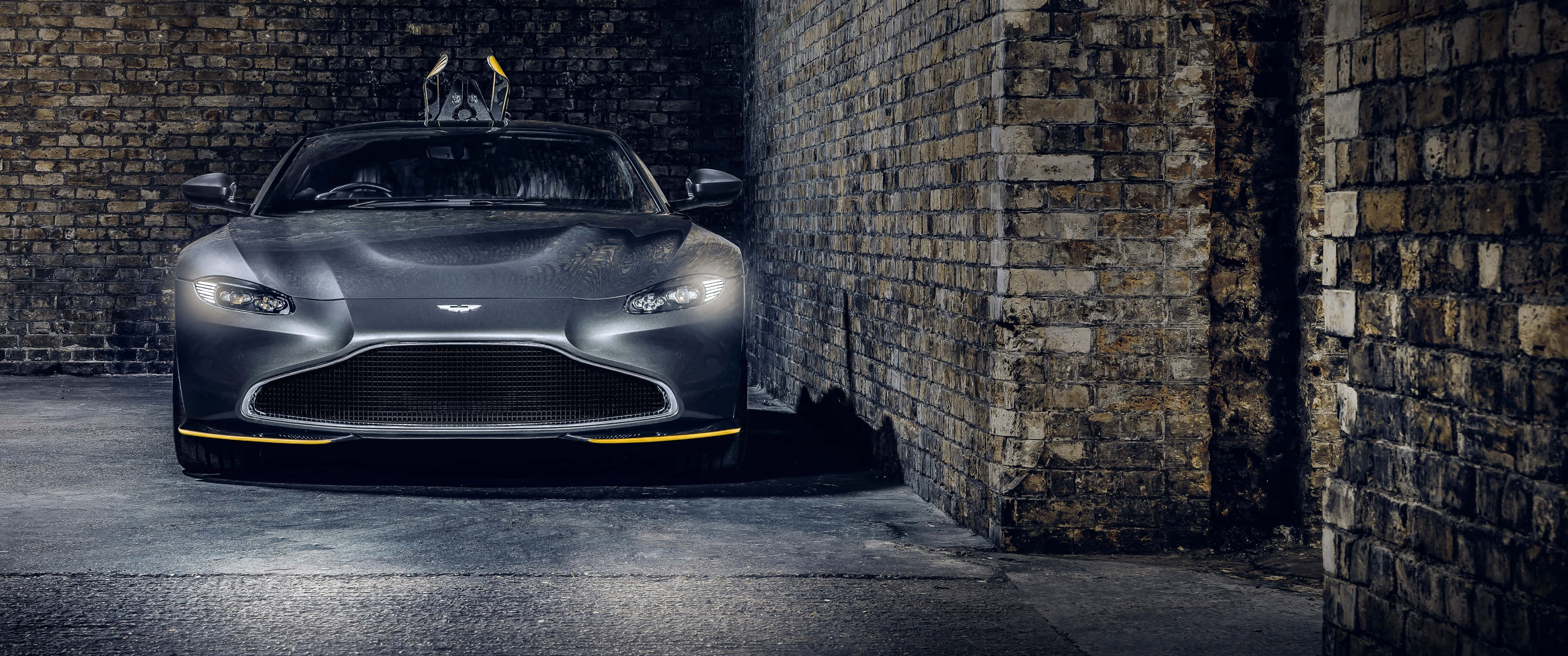 Aston Martin Vantage, matte gray, yellow accents, 2K Desktop Wallpaper