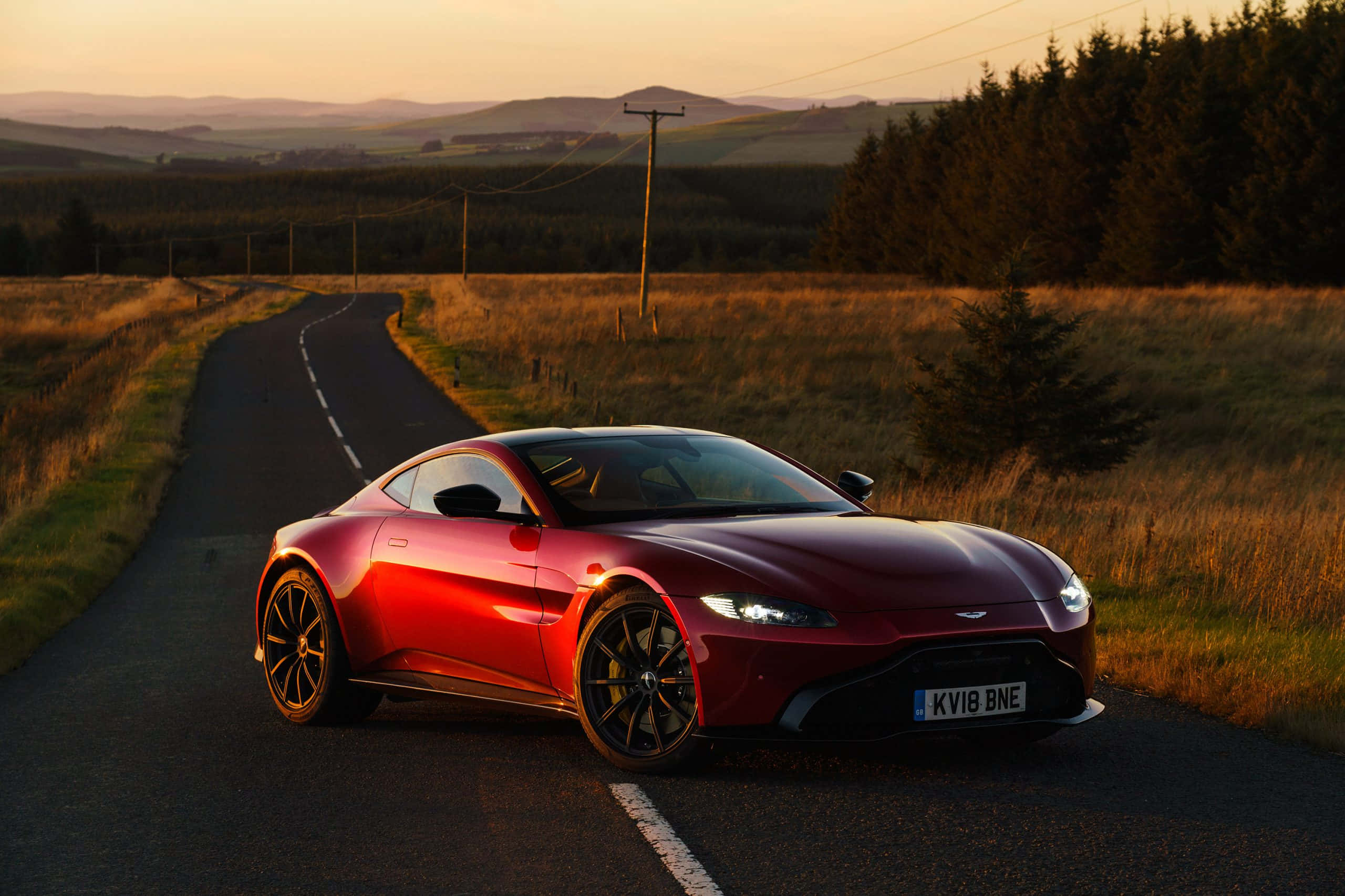 Aston Martin Vantage, red, golden sunset, 2K Desktop Wallpaper