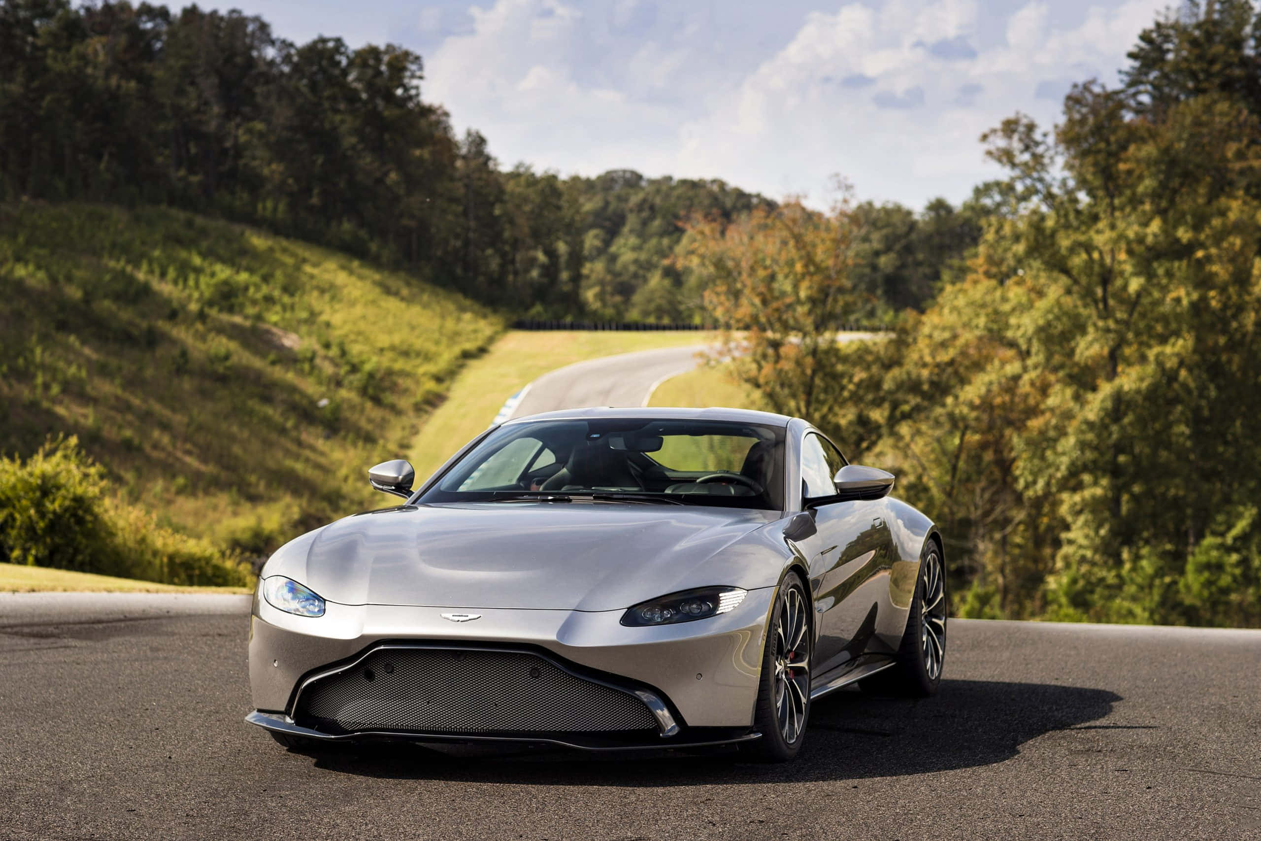 Aston Martin Vantage, silver, winding forest road, 2K Desktop Wallpaper