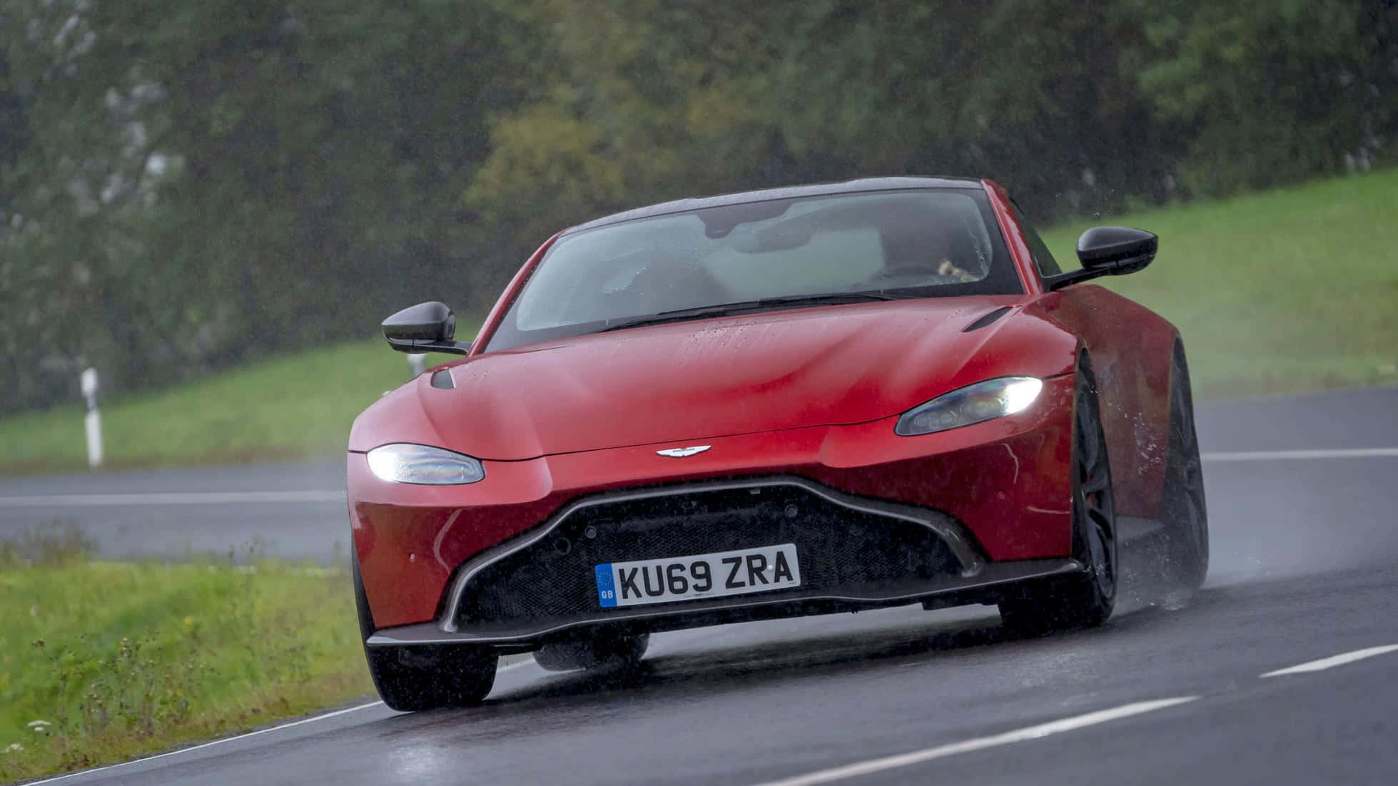 Aston Martin Vantage, red, wet road, Full HD Desktop Wallpaper