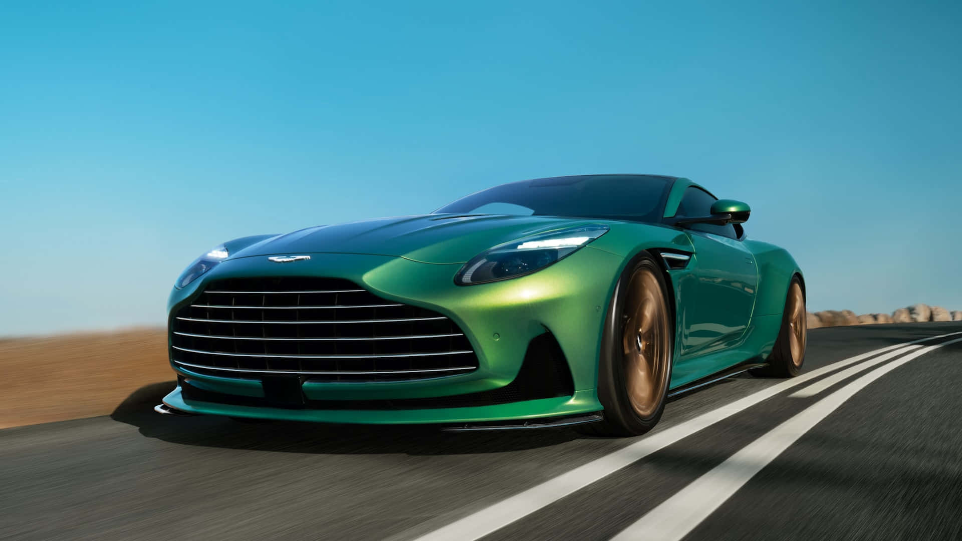 Aston Martin Vantage, green, desert road, Full HD Desktop Wallpaper