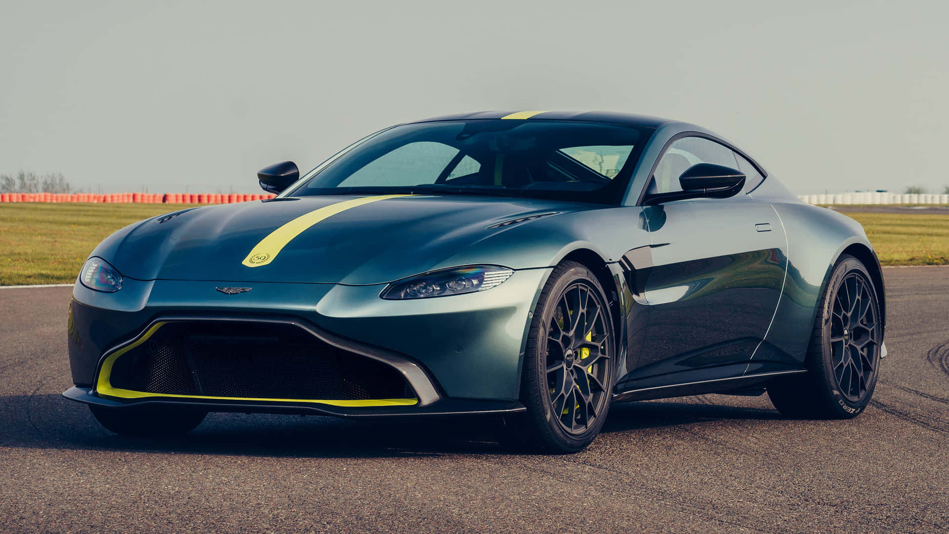 Aston Martin Vantage, metallic green, yellow racing stripes, Full HD Desktop Wallpaper