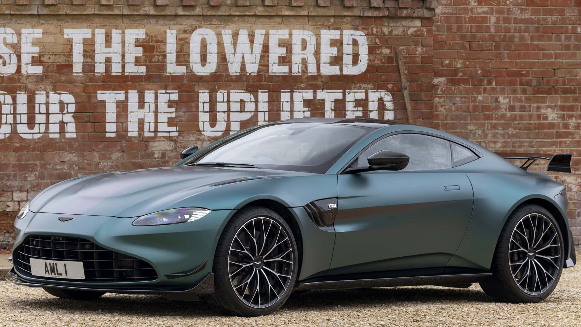 Aston Martin Vantage, matte green, brick wall, Full HD Desktop Wallpaper