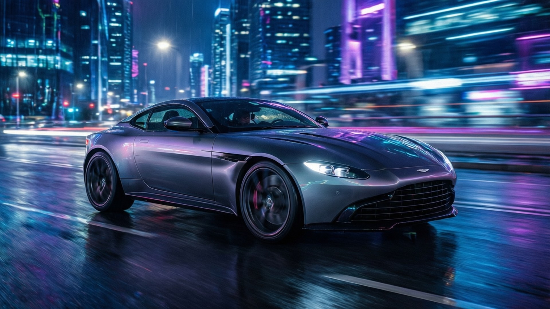 Aston Martin, silver, neon-lit cityscape, Full HD Desktop Wallpaper