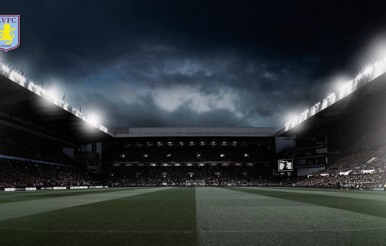 Aston Villa FC, nighttime football stadium, stormy skies, HD Desktop Wallpaper