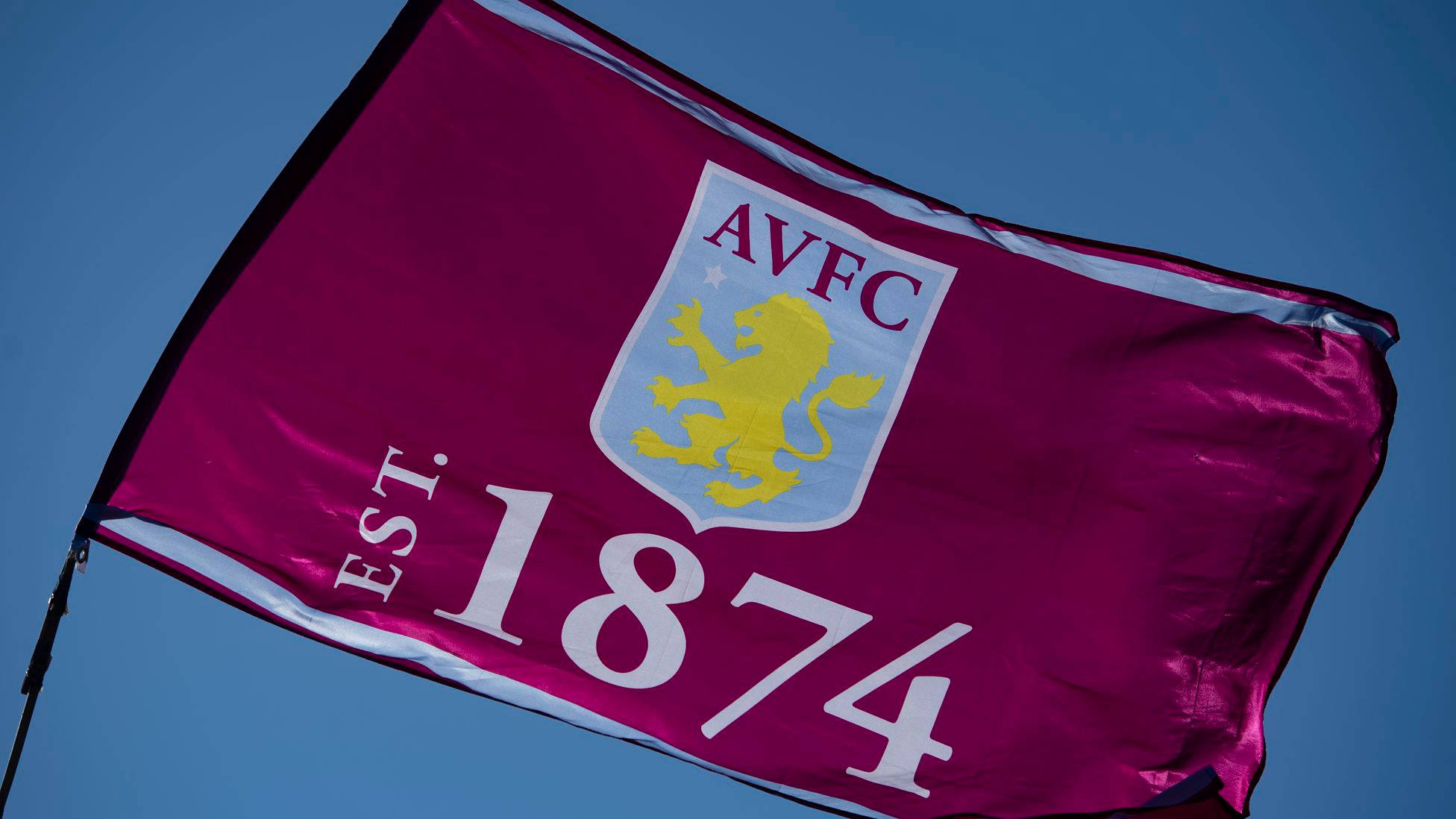 Aston Villa FC, maroon flag, yellow lion crest, Full HD Desktop Wallpaper