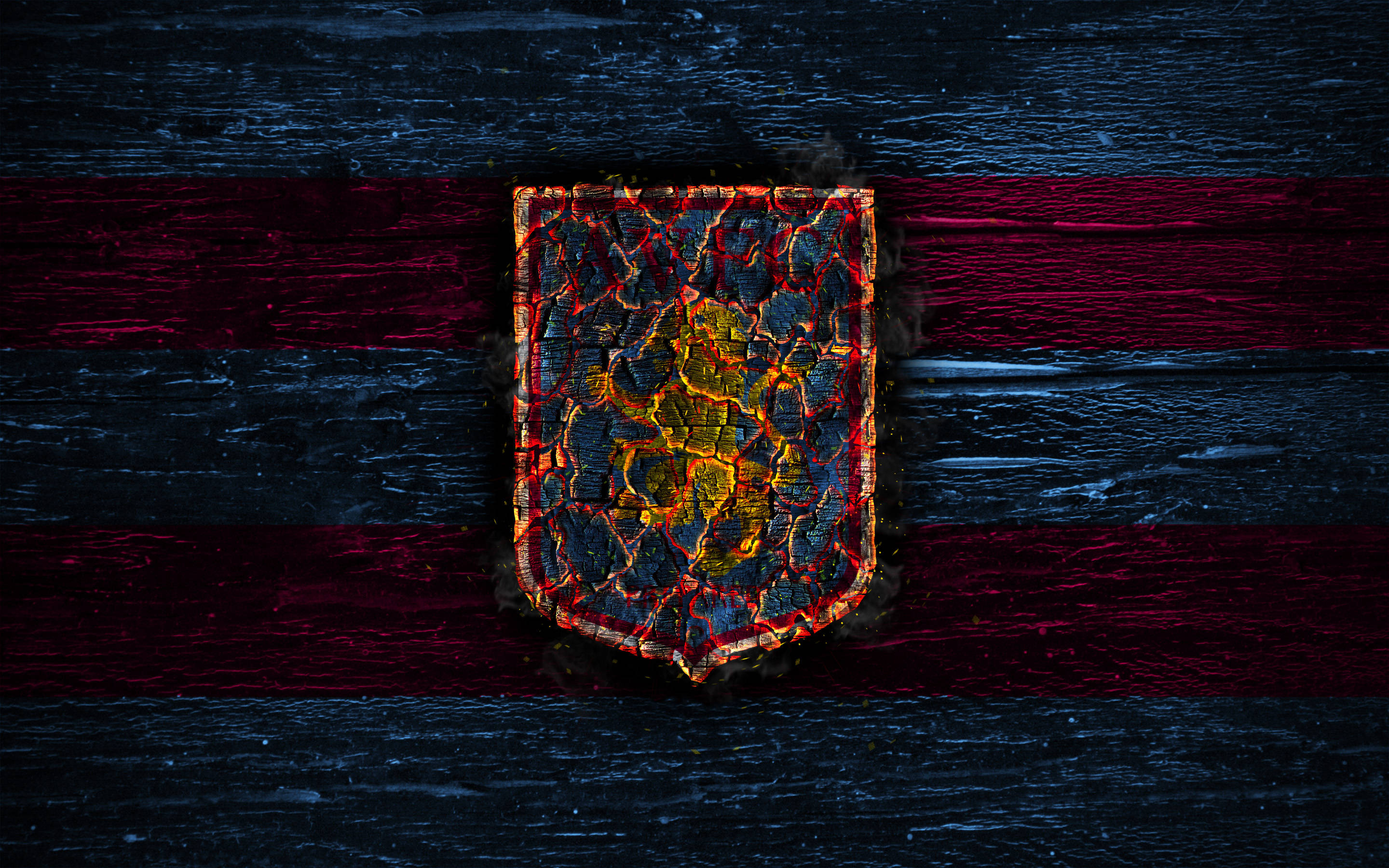 Aston Villa FC, cracked fiery shield emblem, dark weathered wooden background, 2K Desktop Wallpaper