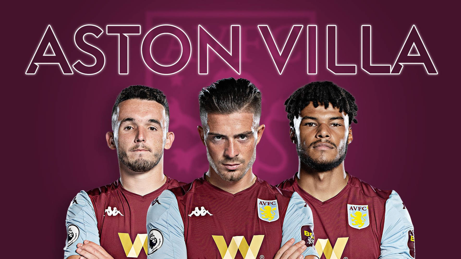 Aston Villa FC, maroon and light blue jerseys, glowing purple background, Full HD Desktop Wallpaper